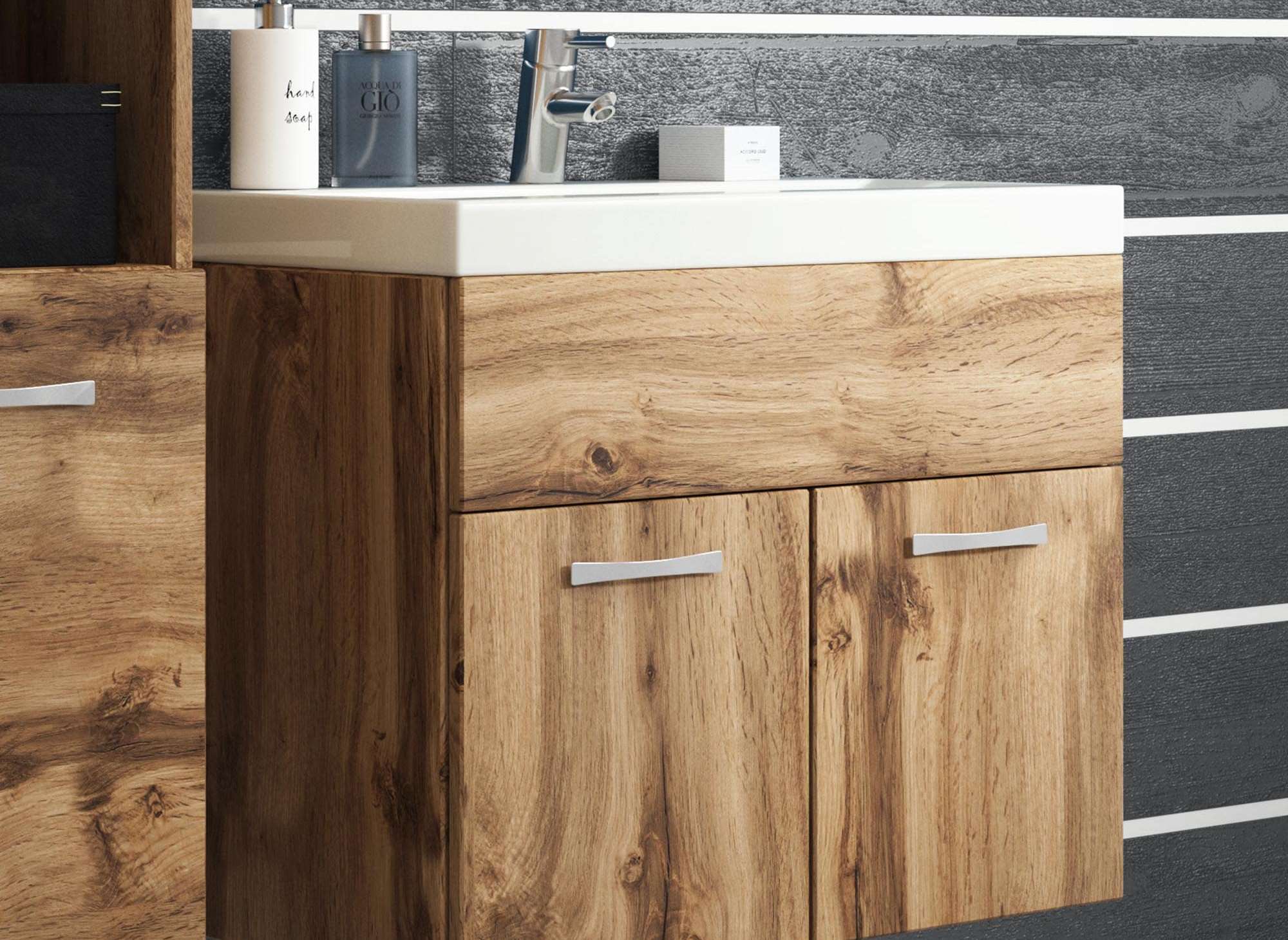 Ensemble meubles salle de bain suspendu - Bois effet vieilli HARMONY