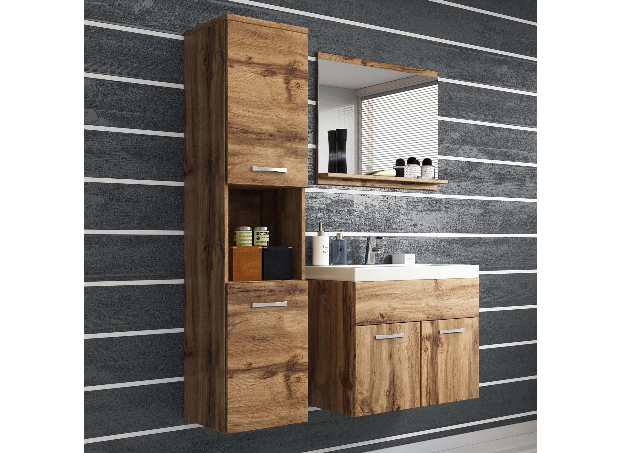 Ensemble meubles salle de bain suspendu - Bois effet vieilli HARMONY
