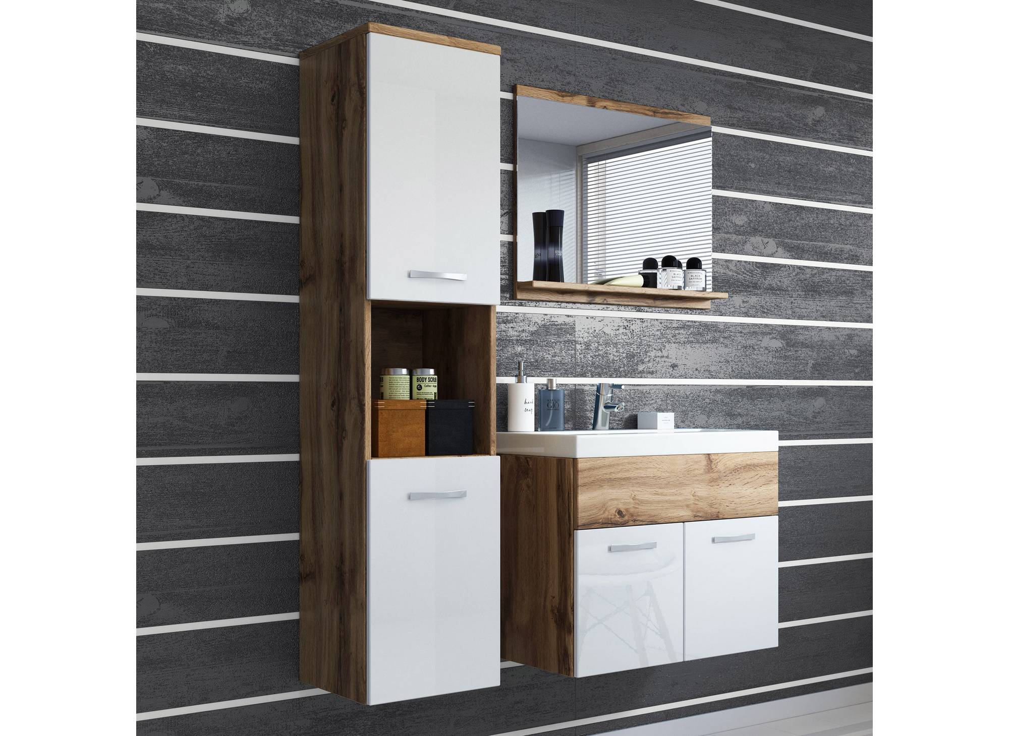 Ensemble meubles salle de bain suspendu - Bois et blanc HARMONY