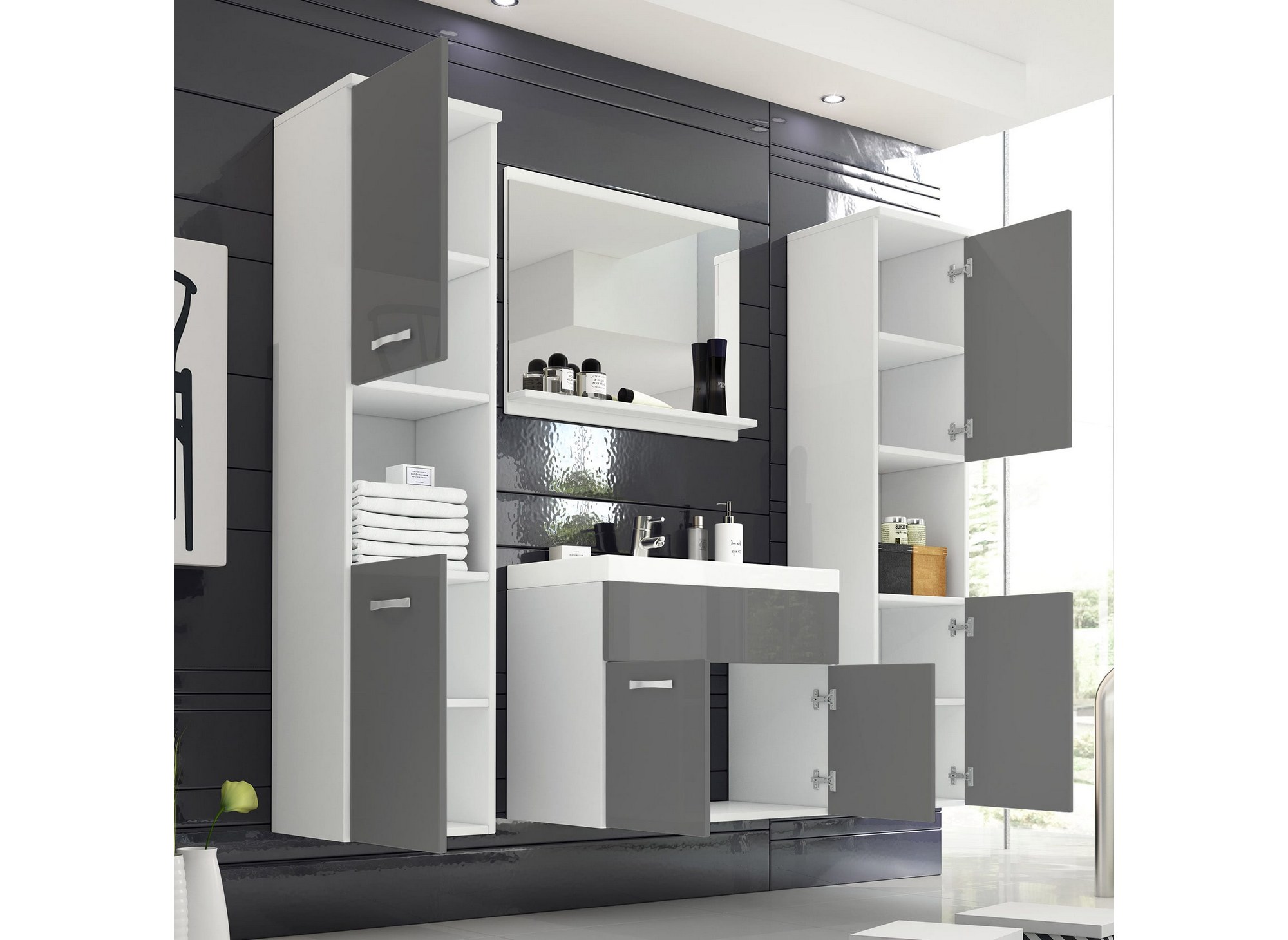 Ensemble meubles salle de bain design suspendu XL - Blanc et gris HARMONY