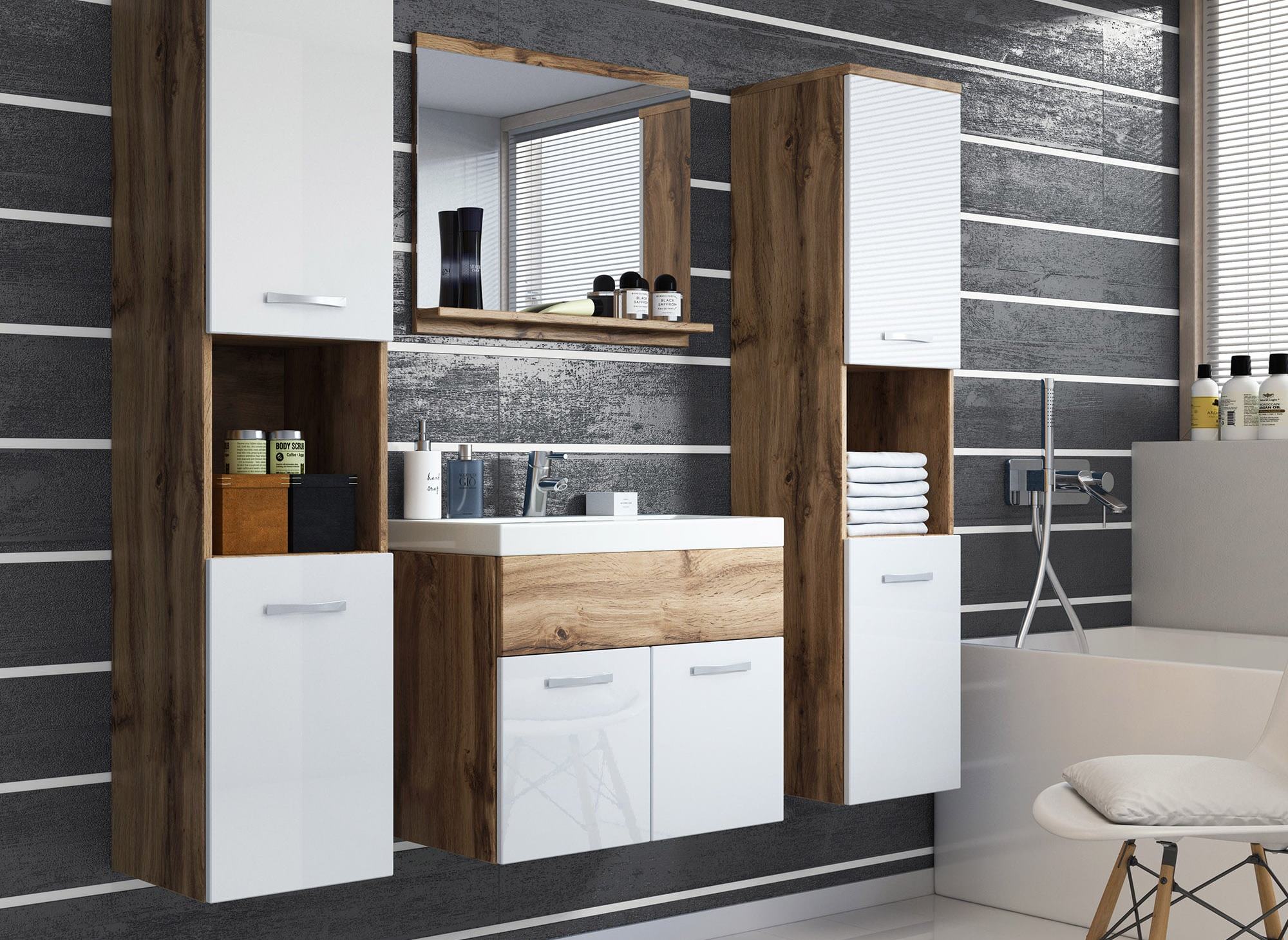 Ensemble meubles salle de bain suspendu XL - Bois et blanc HARMONY