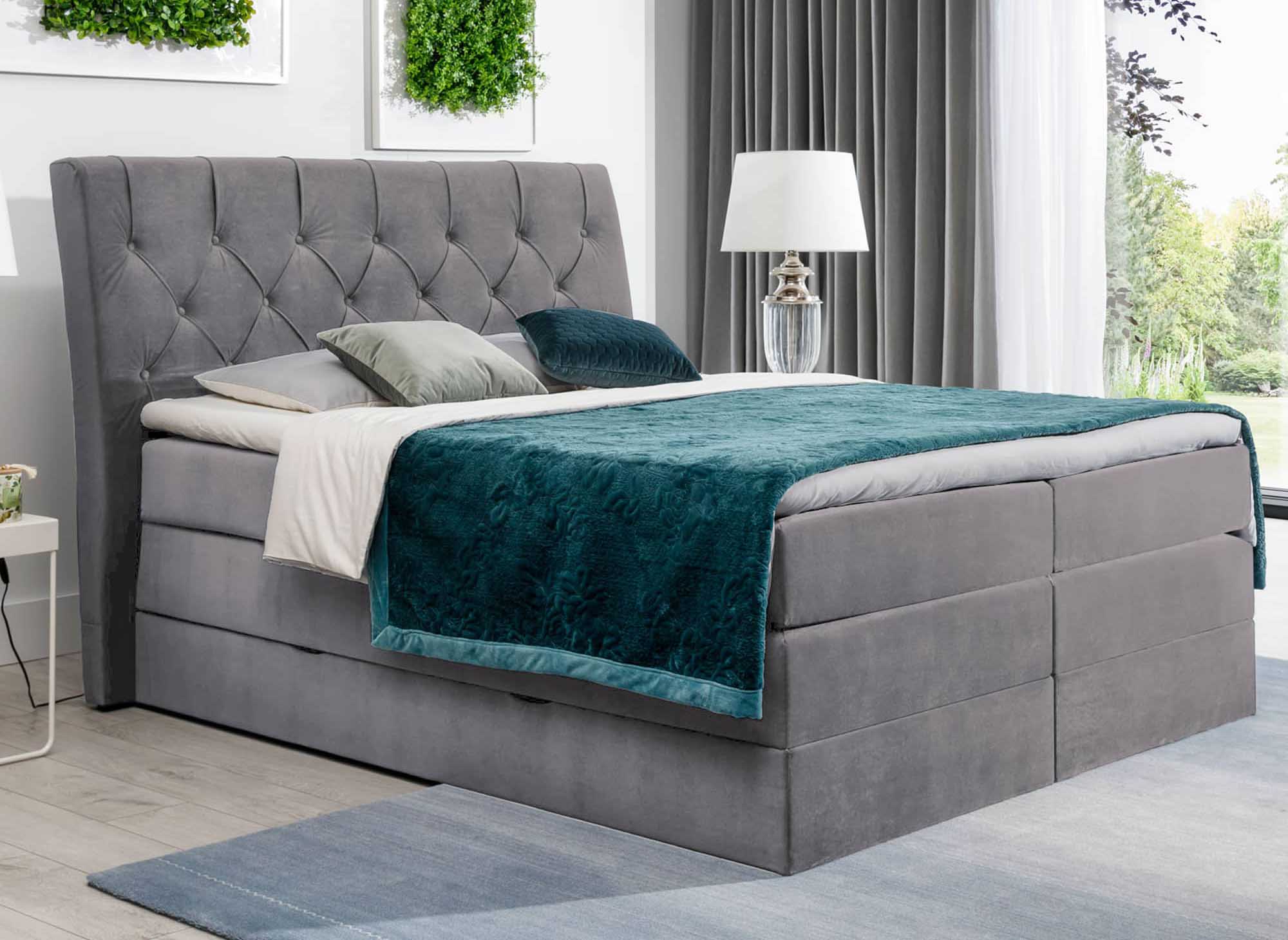 Lit boxspring 160x200 avec coffre de rangement en velours gris MIRANDA