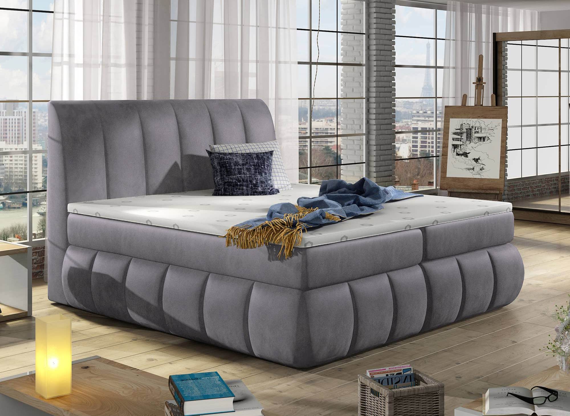 Lit boxspring 160x200 avec coffre de rangement en velours gris - VALERIA