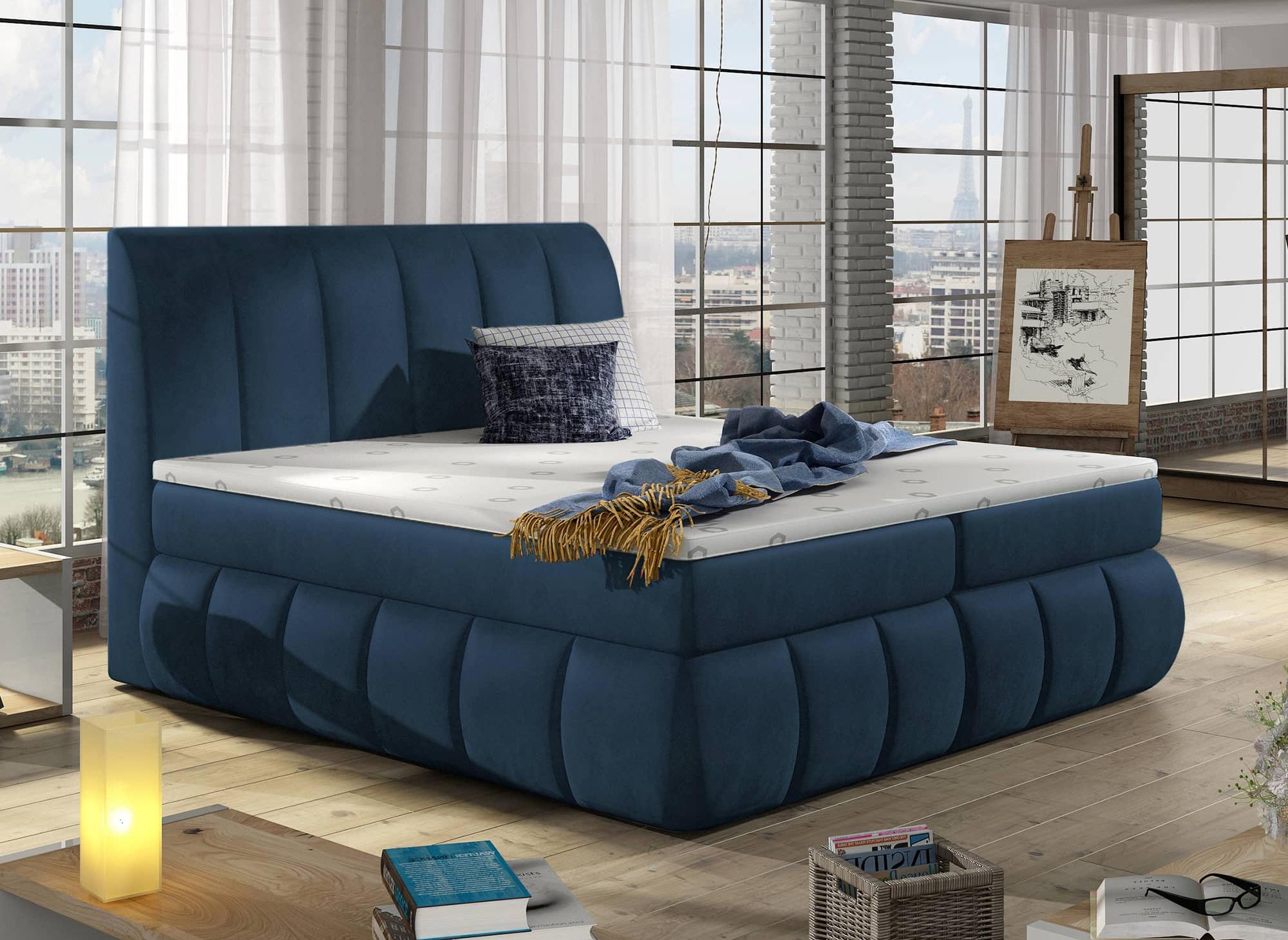 Lit boxspring 160x200 avec coffre de rangement en velours bleu foncé VALERIA