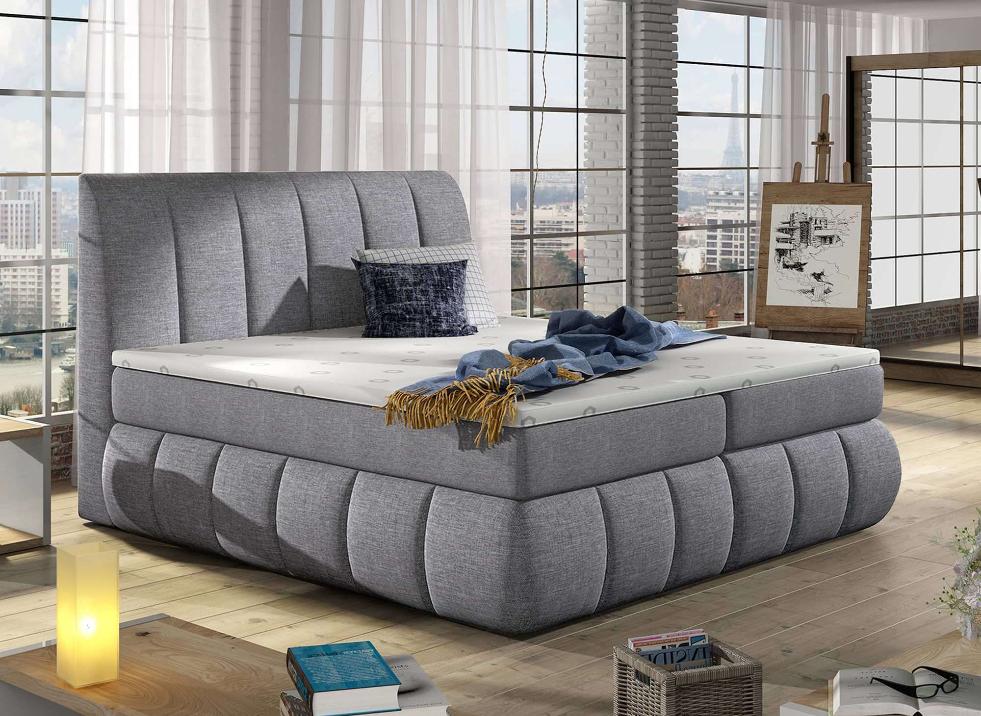 Lit boxspring 160x200 avec coffre de rangement en tissu gris - VALERIA