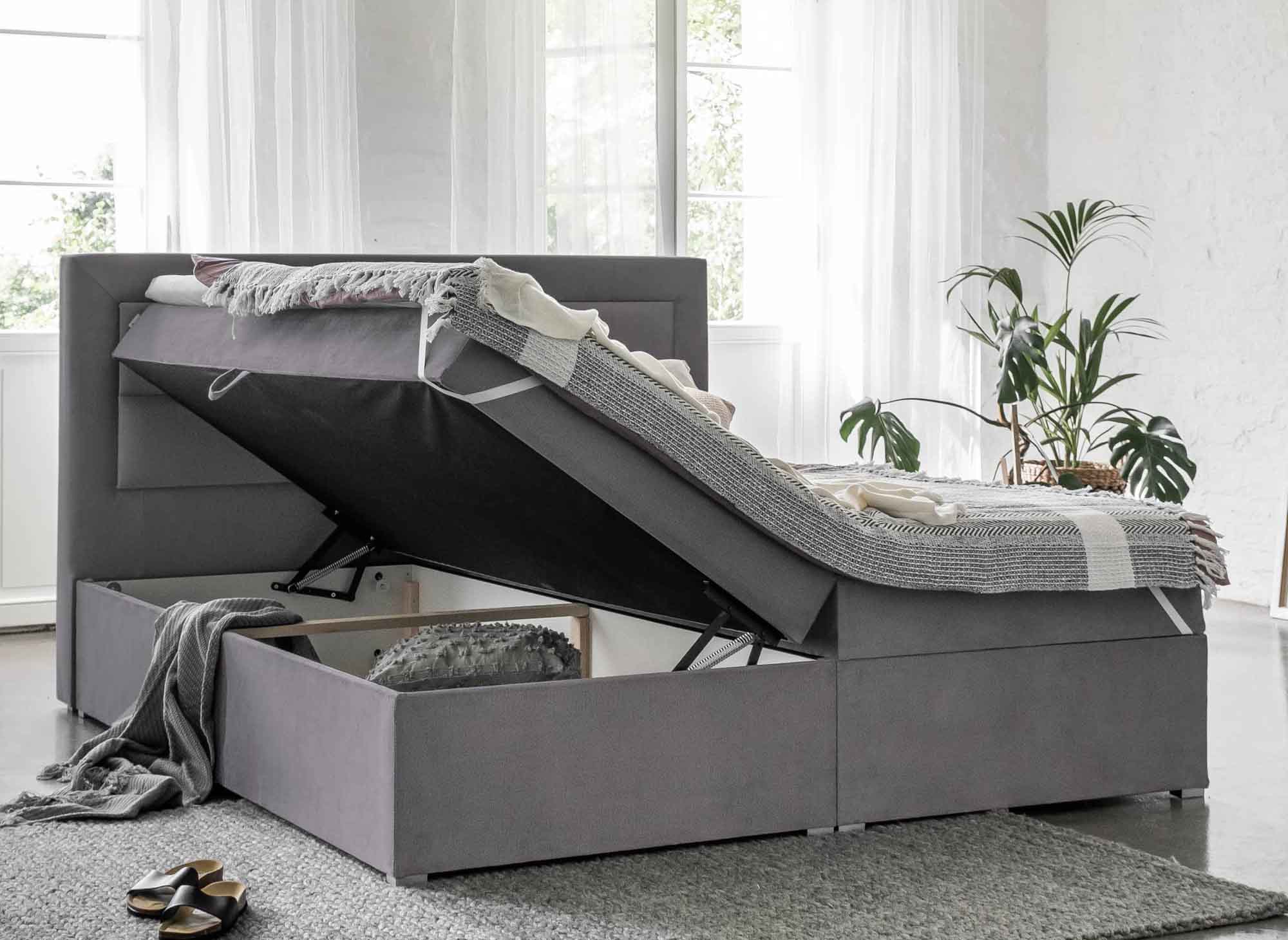 Lit boxspring 140x200 avec coffre de rangement en velours gris DAKOTA