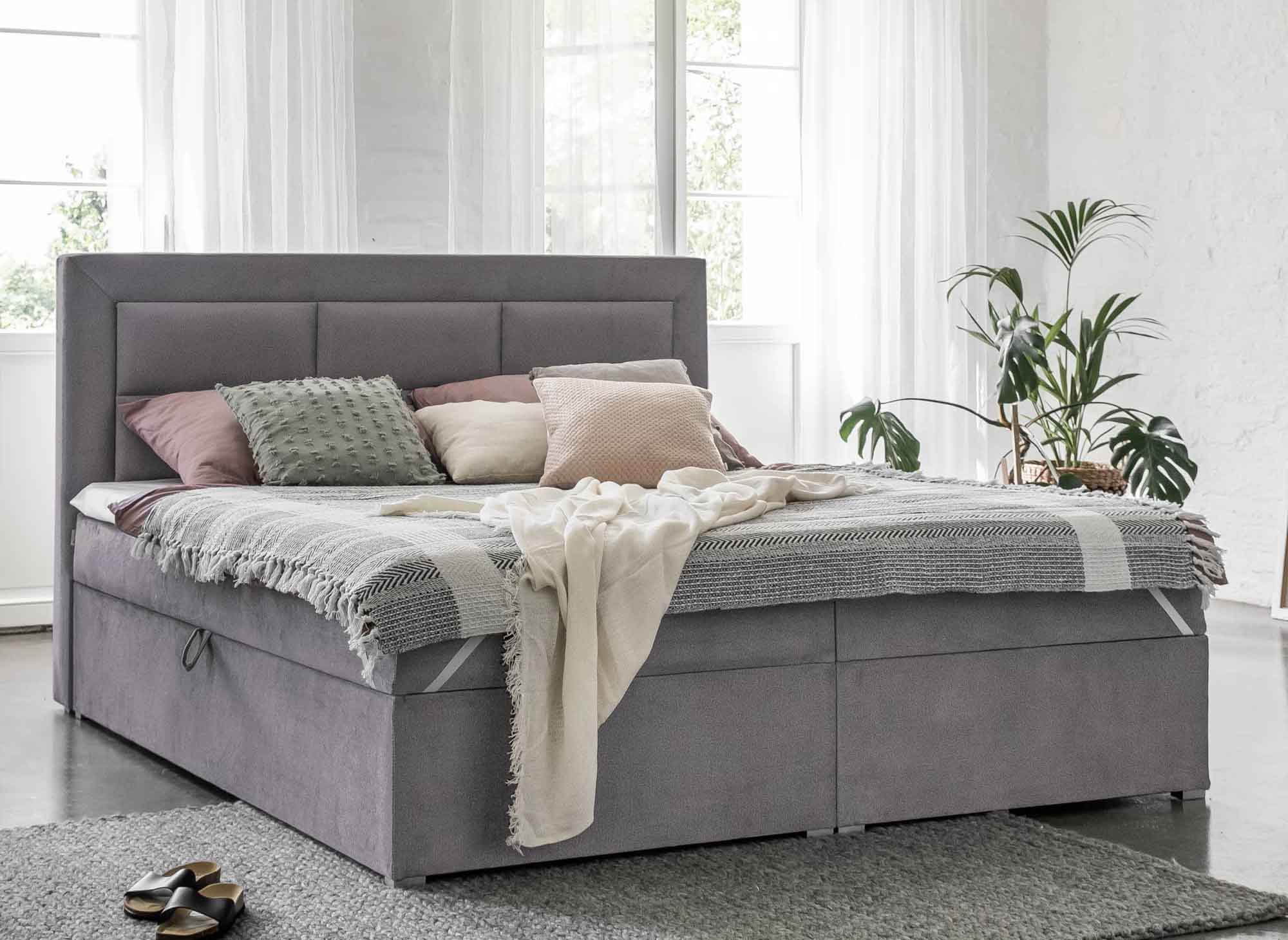 Lit boxspring 140x200 avec coffre de rangement en velours gris DAKOTA