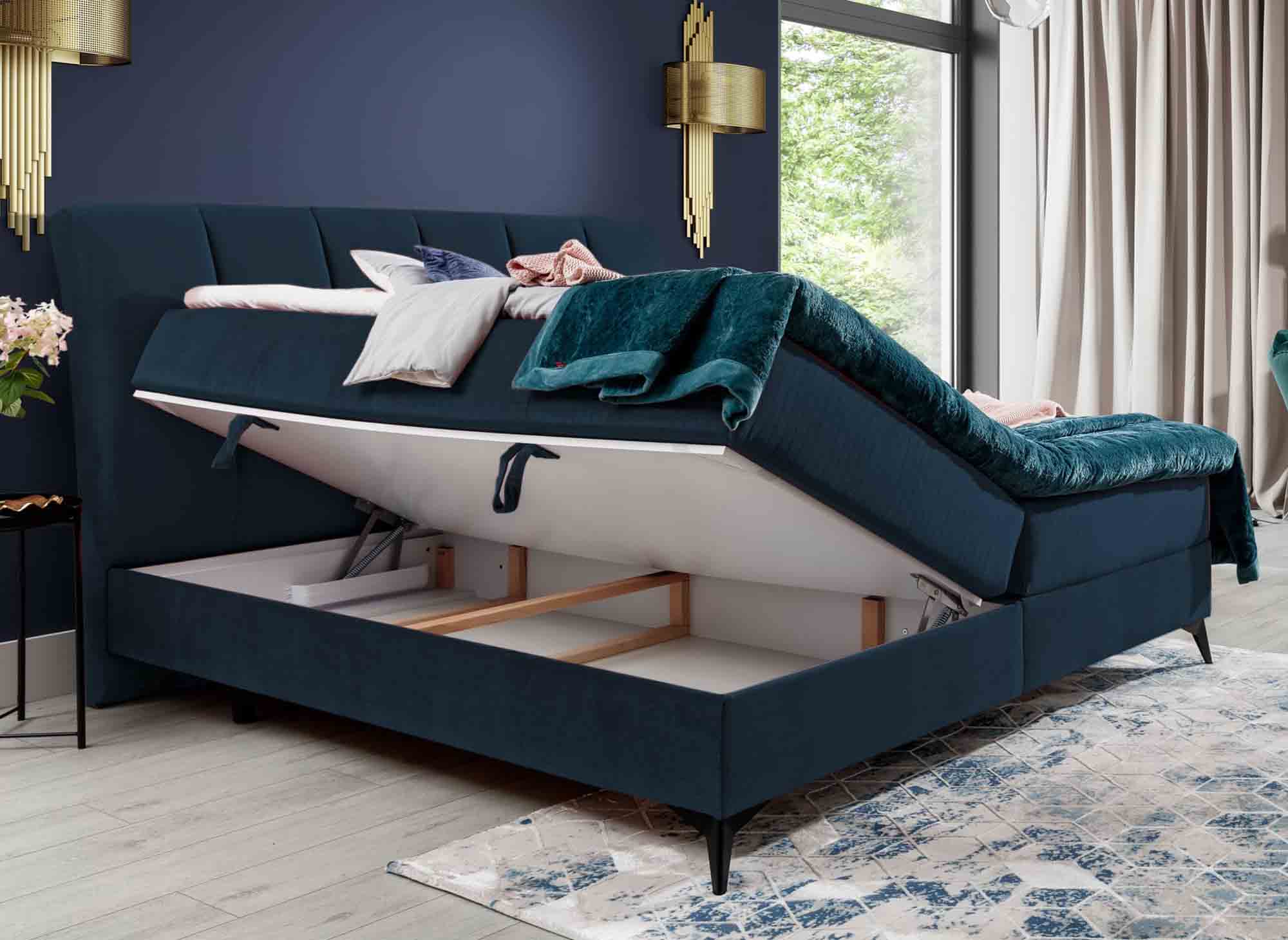 Lit boxspring 160x200 avec coffre de rangement en velours bleu foncé ADELE