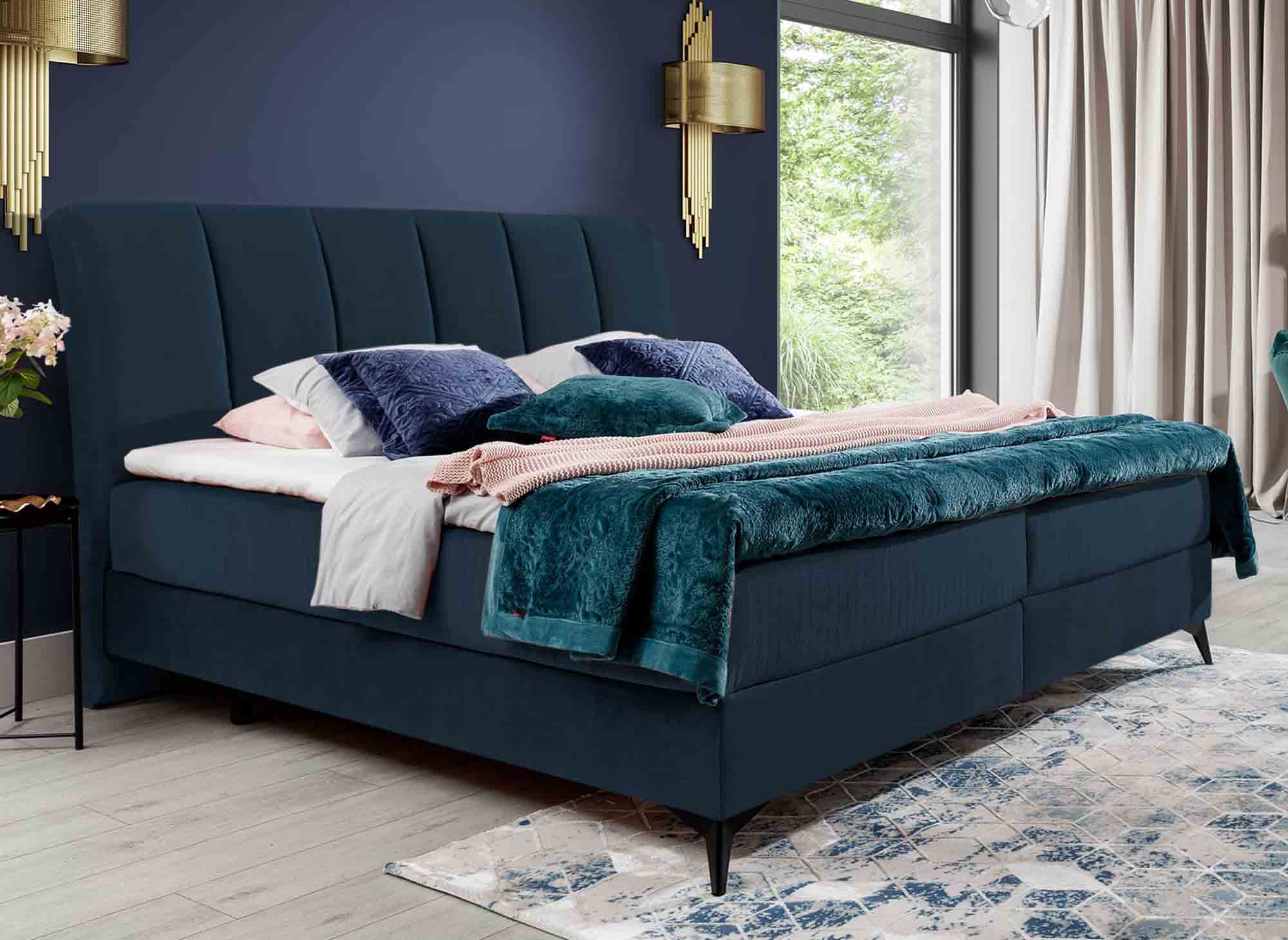 Lit boxspring 160x200 avec coffre de rangement en velours bleu foncé ADELE