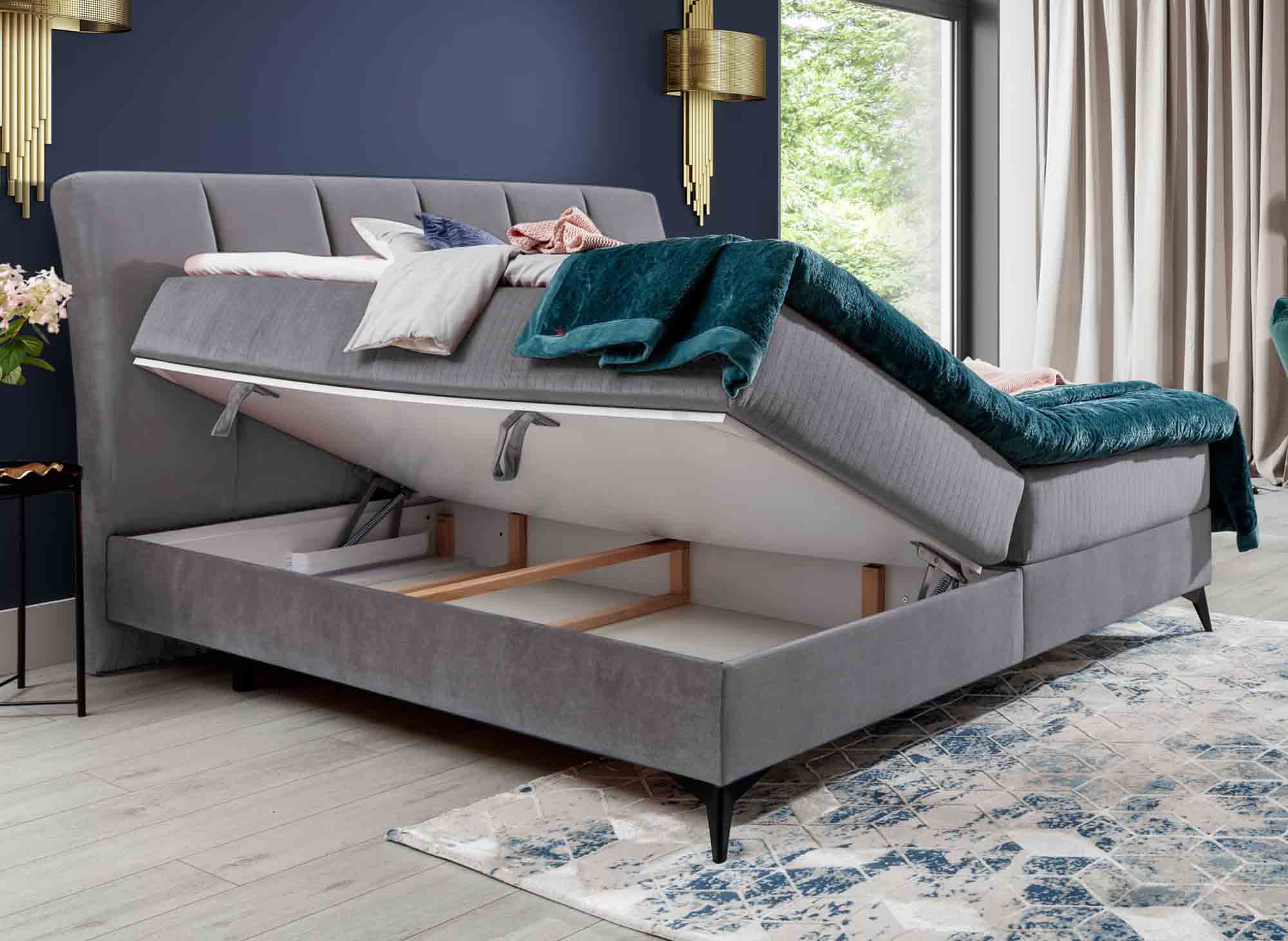 Lit boxspring 160x200 avec coffre de rangement en velours gris ADELE