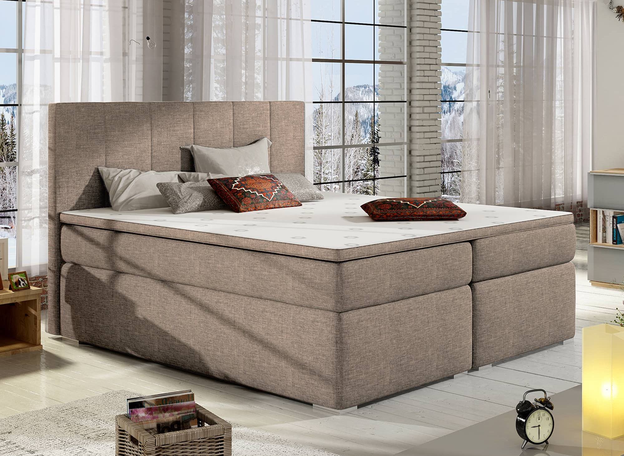 Lit boxspring 180x200 avec coffre de rangement en tissu beige moka - AKADIA