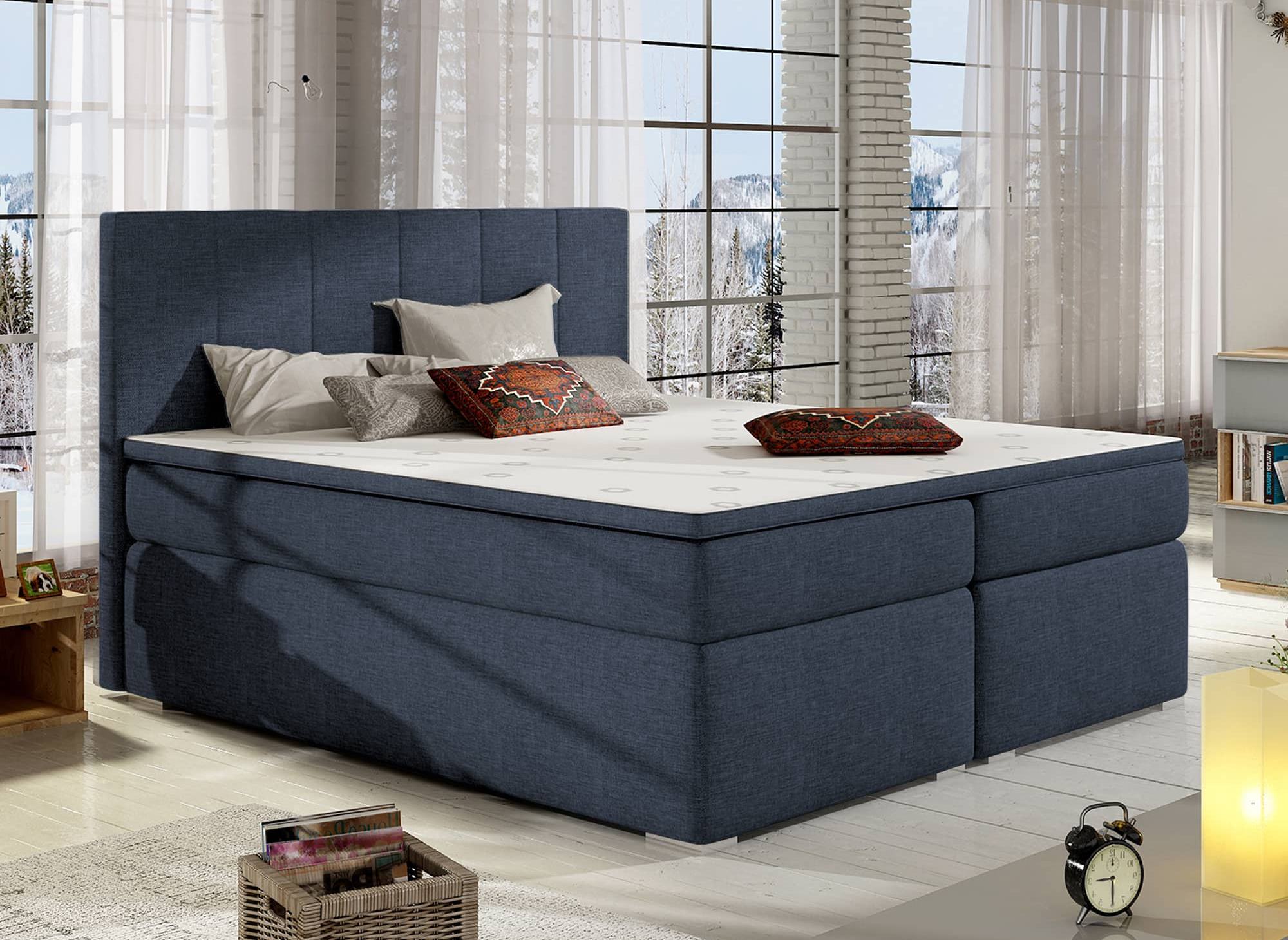 Lit boxspring 180x200 avec coffre de rangement en tissu bleu - AKADIA