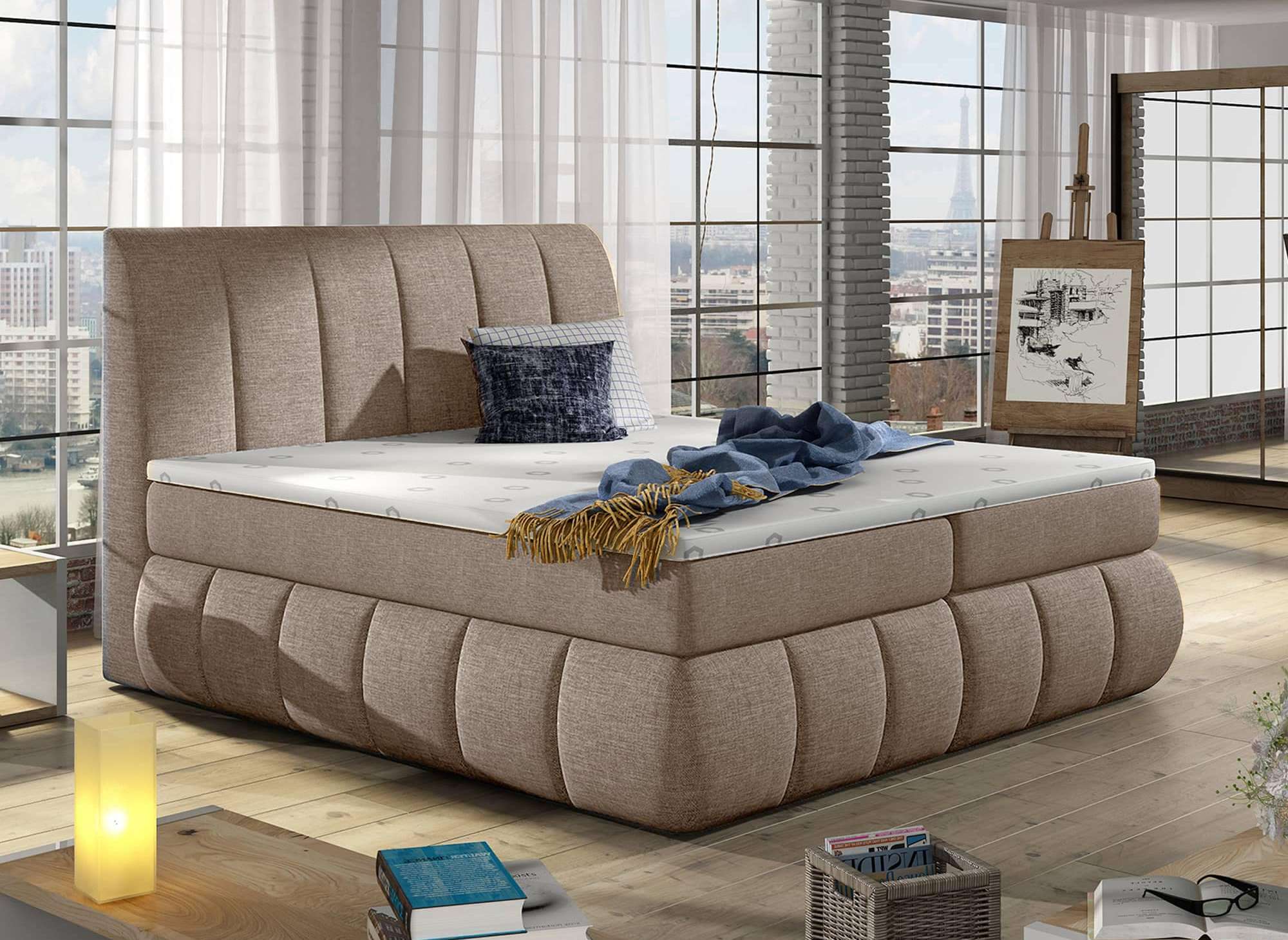 Lit boxspring 160x200 avec coffre de rangement en tissu beige moka - VALERIA
