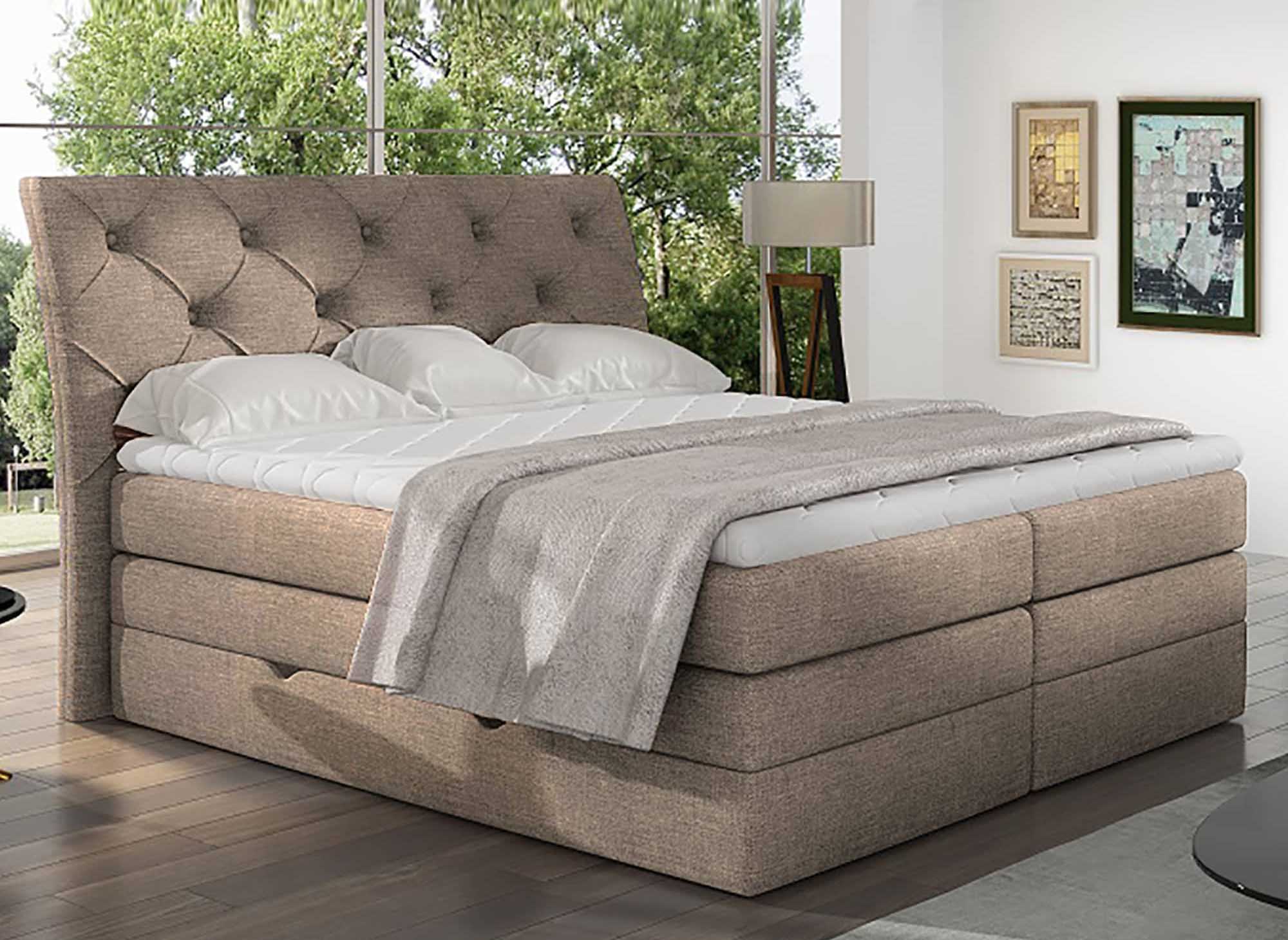 Lit boxspring 180x200 avec coffre de rangement en tissu beige MIRANDA