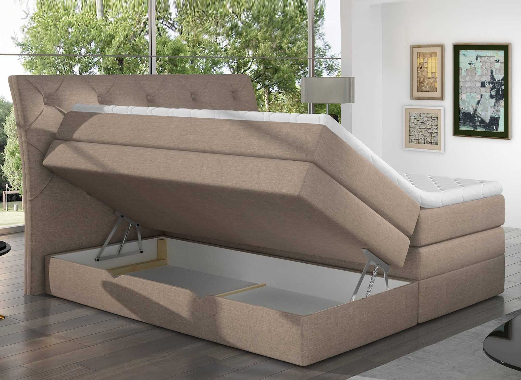 Lit boxspring 180x200 avec coffre de rangement en tissu beige MIRANDA