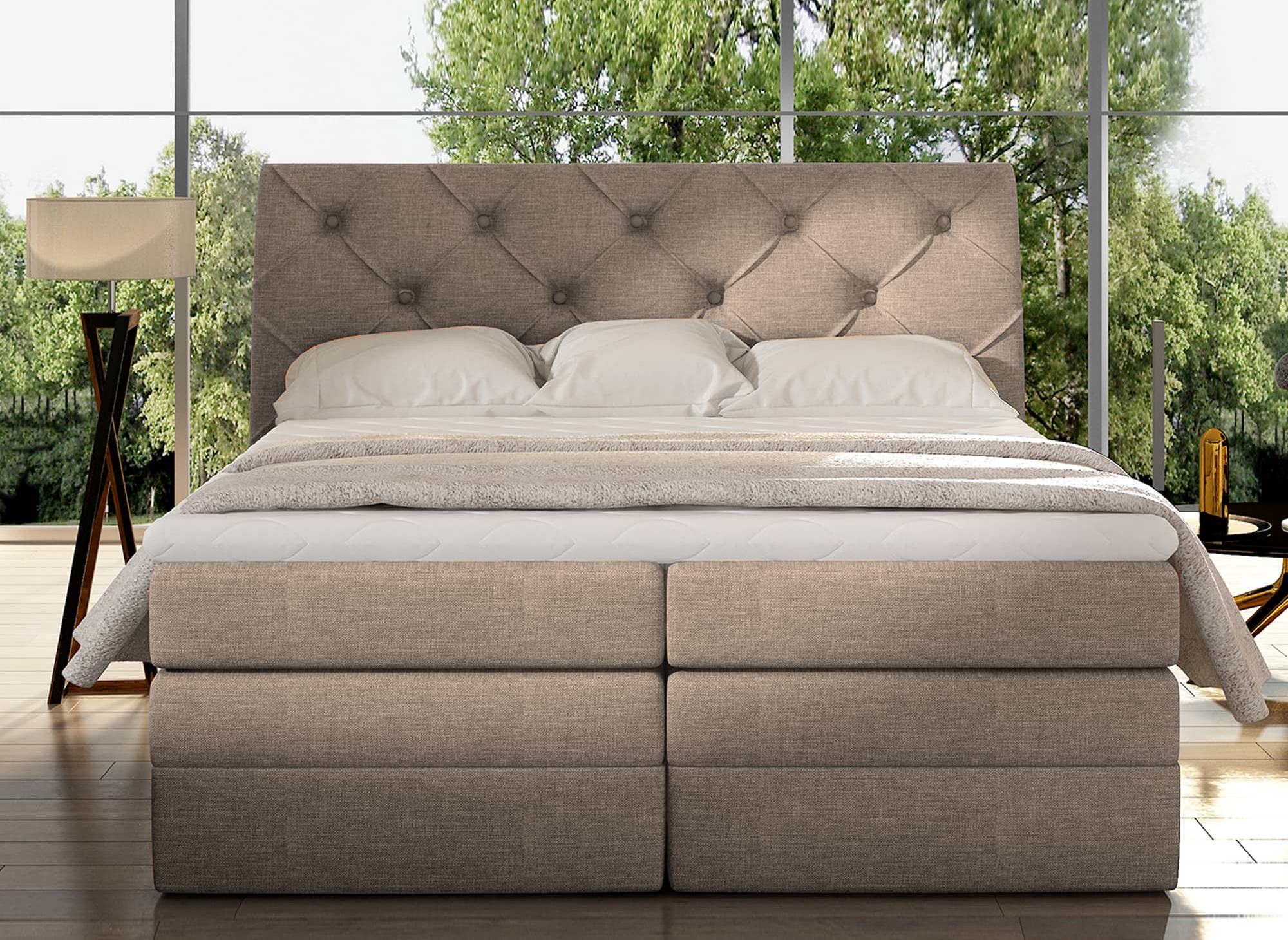 Lit boxspring 180x200 avec coffre de rangement en tissu beige MIRANDA