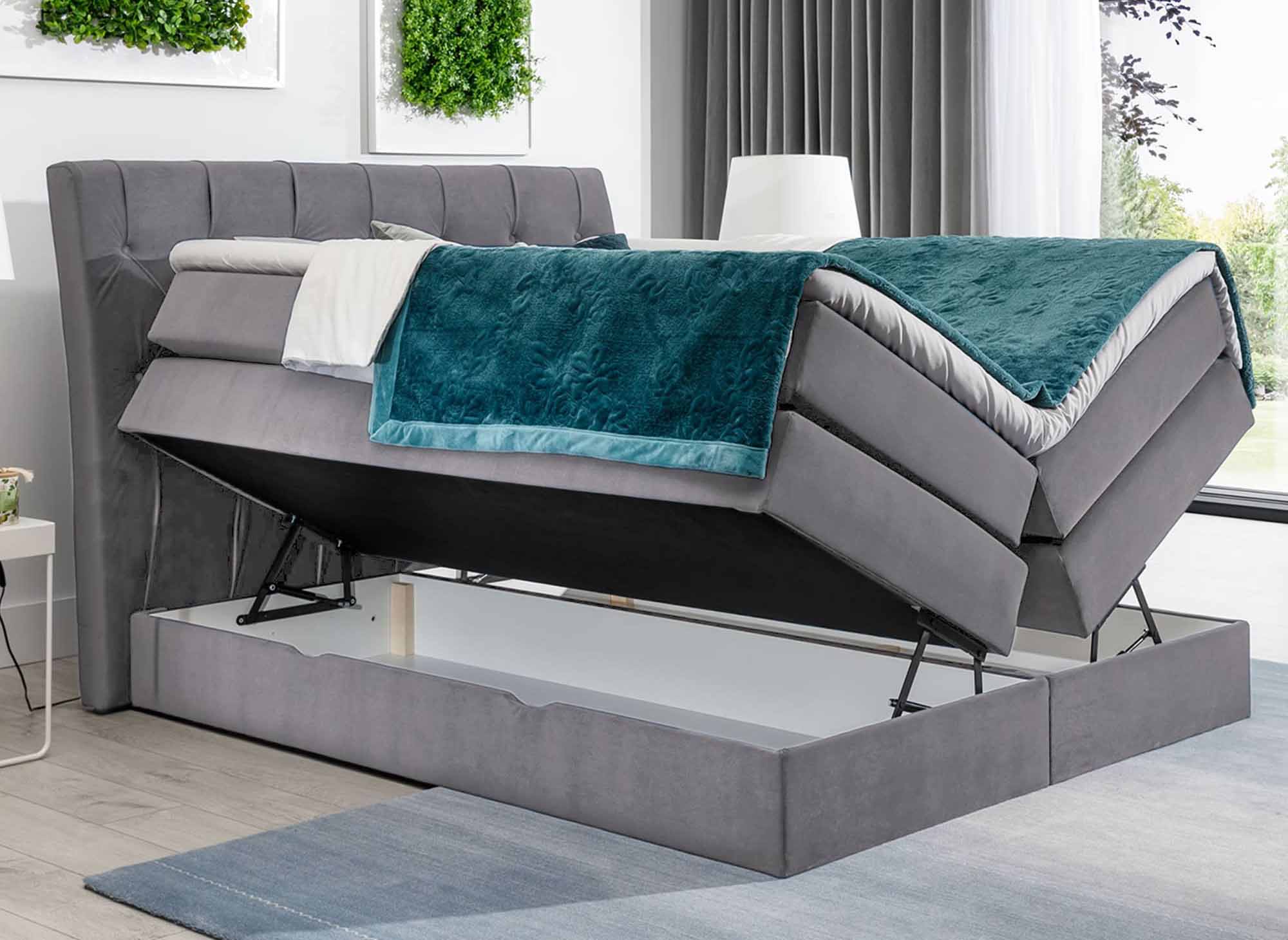 Lit boxspring 160x200 avec coffre de rangement en velours gris MIRANDA