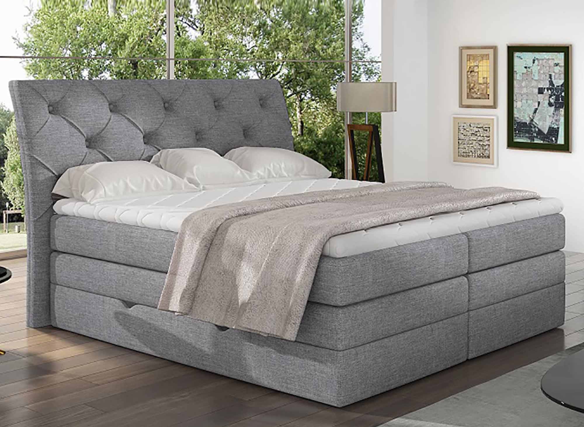 Lit boxspring 160x200 avec coffre de rangement en tissu gris MIRANDA
