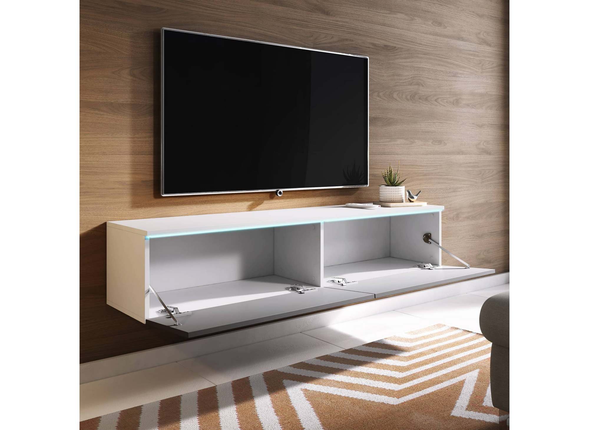 Meuble TV contemporain laqué gris et blanc avec LED 2 portes MALORIE - 140 cm