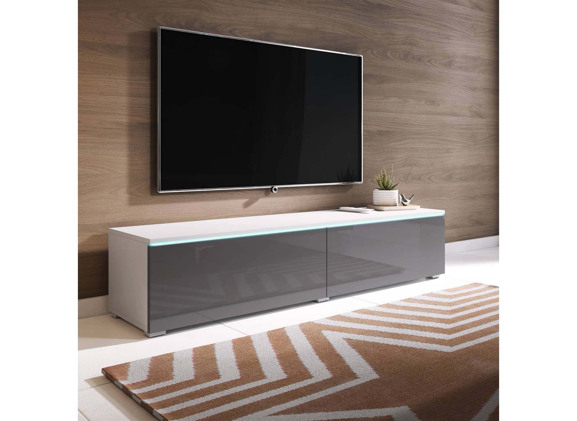Meuble TV contemporain laqué gris et blanc avec LED 2 portes MALORIE - 140 cm
