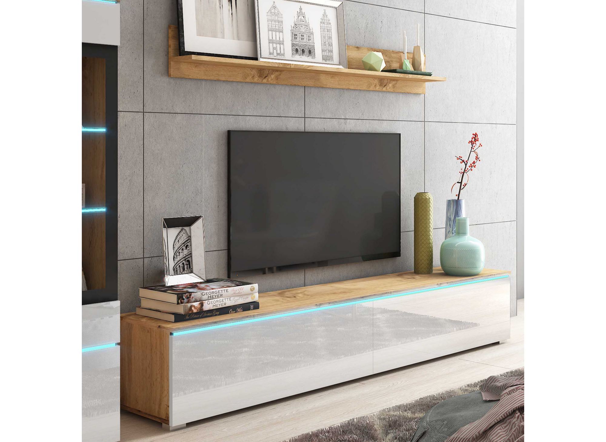 Meuble TV contemporain chêne et blanc laqué avec LED - VERONICA