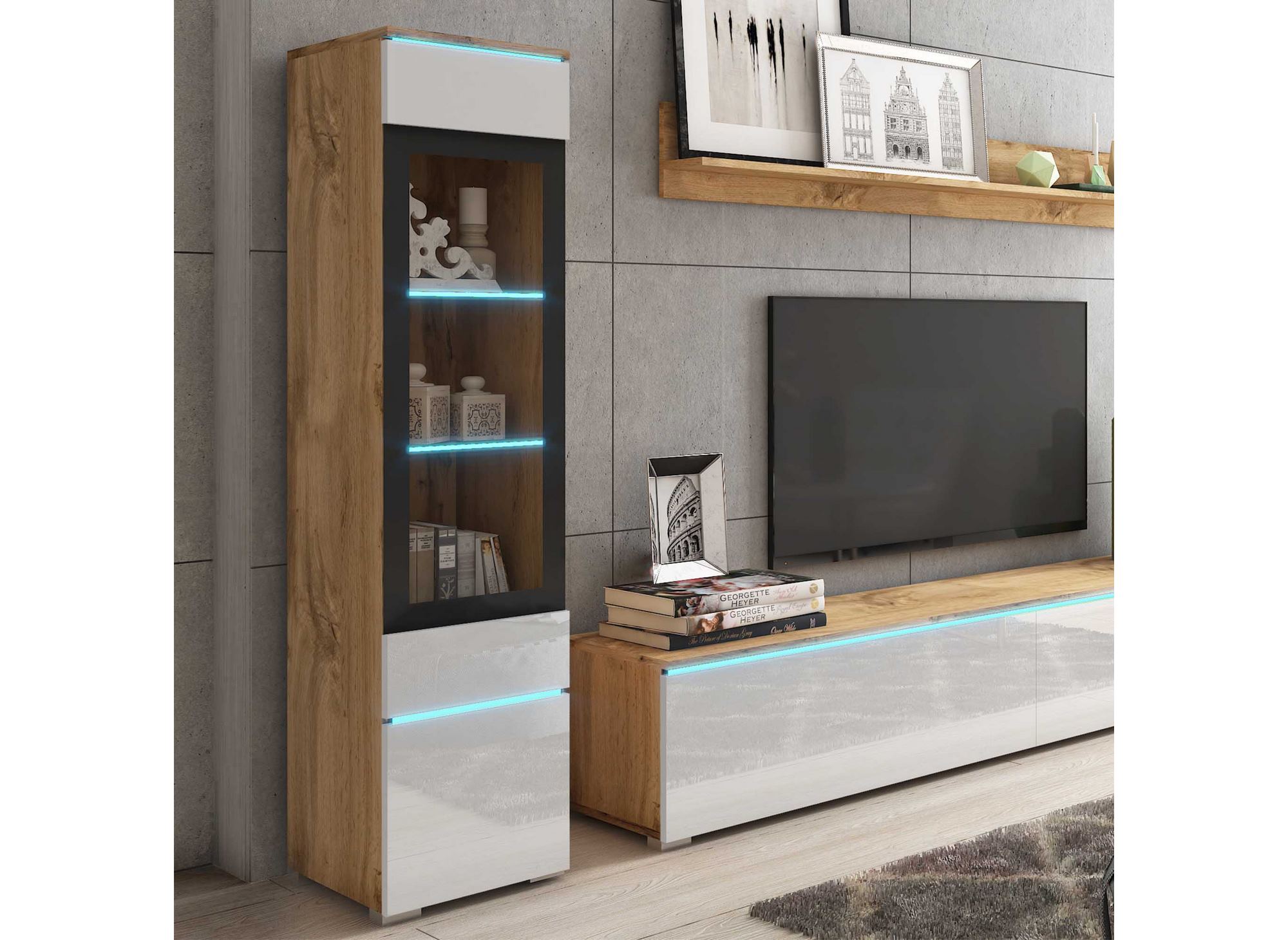 Meuble TV contemporain chêne et blanc laqué avec LED - VERONICA