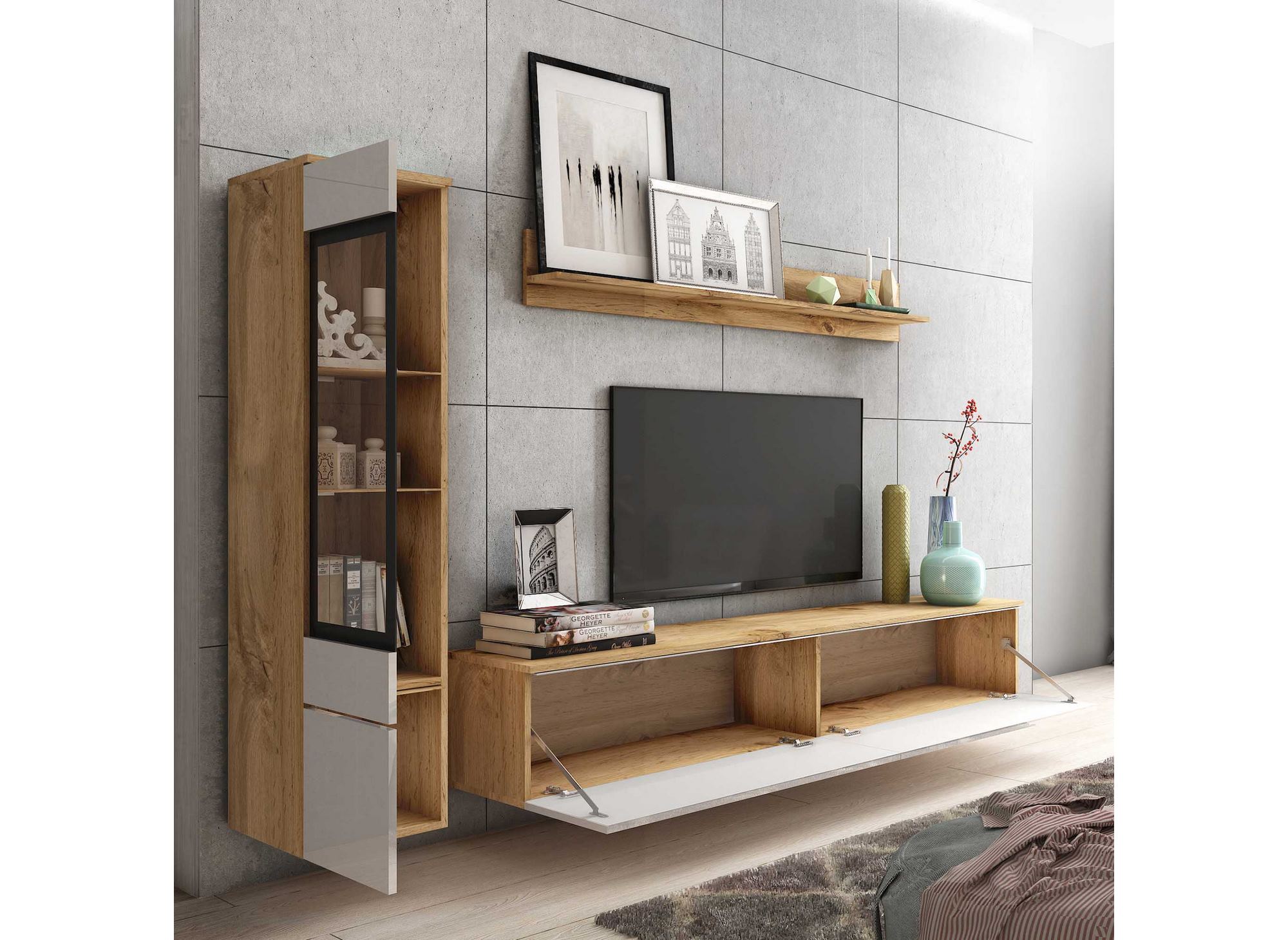 Meuble TV contemporain chêne et blanc laqué avec LED - VERONICA