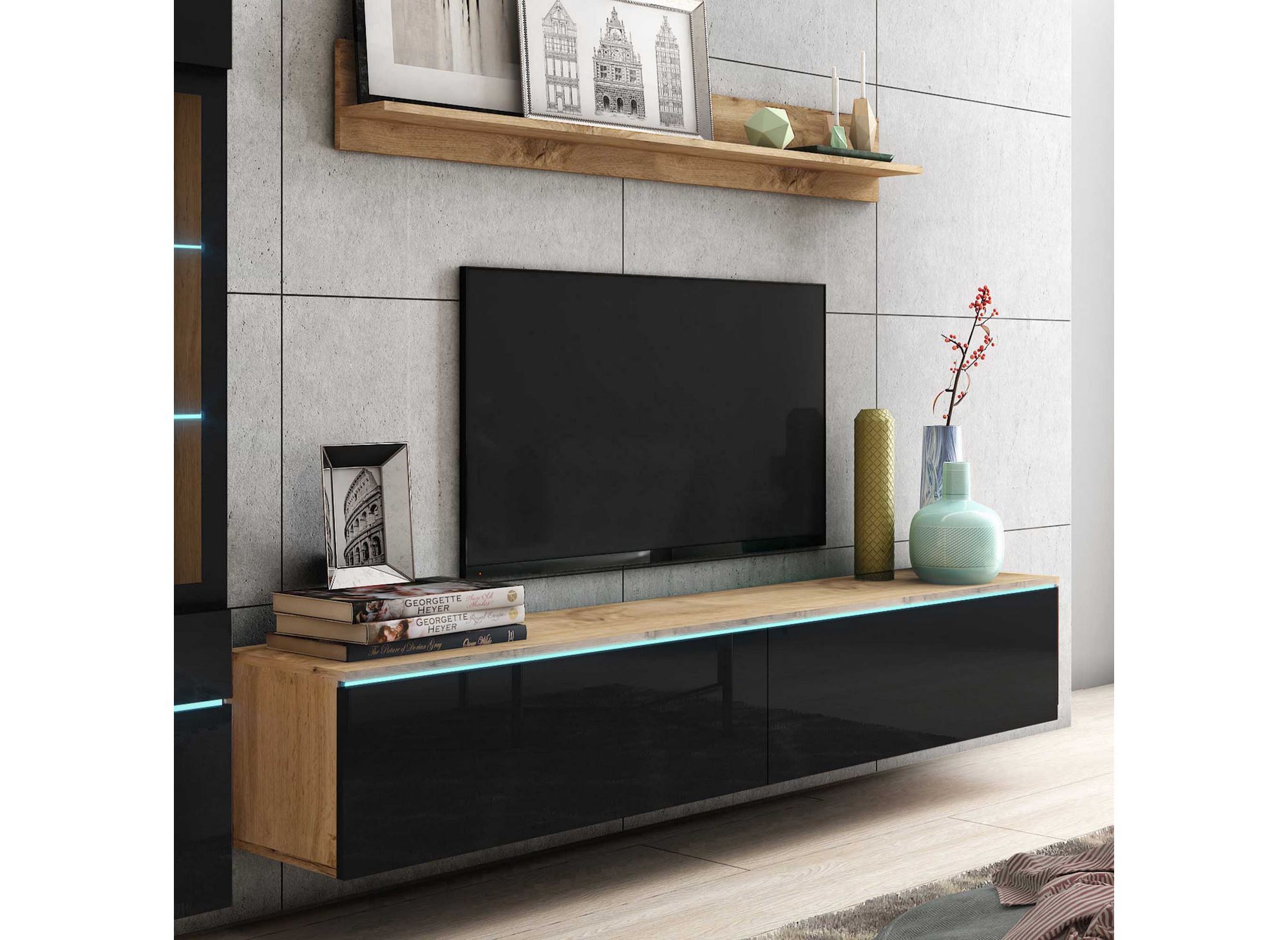 Meuble TV contemporain chêne et noir laqué avec LED - VERONICA