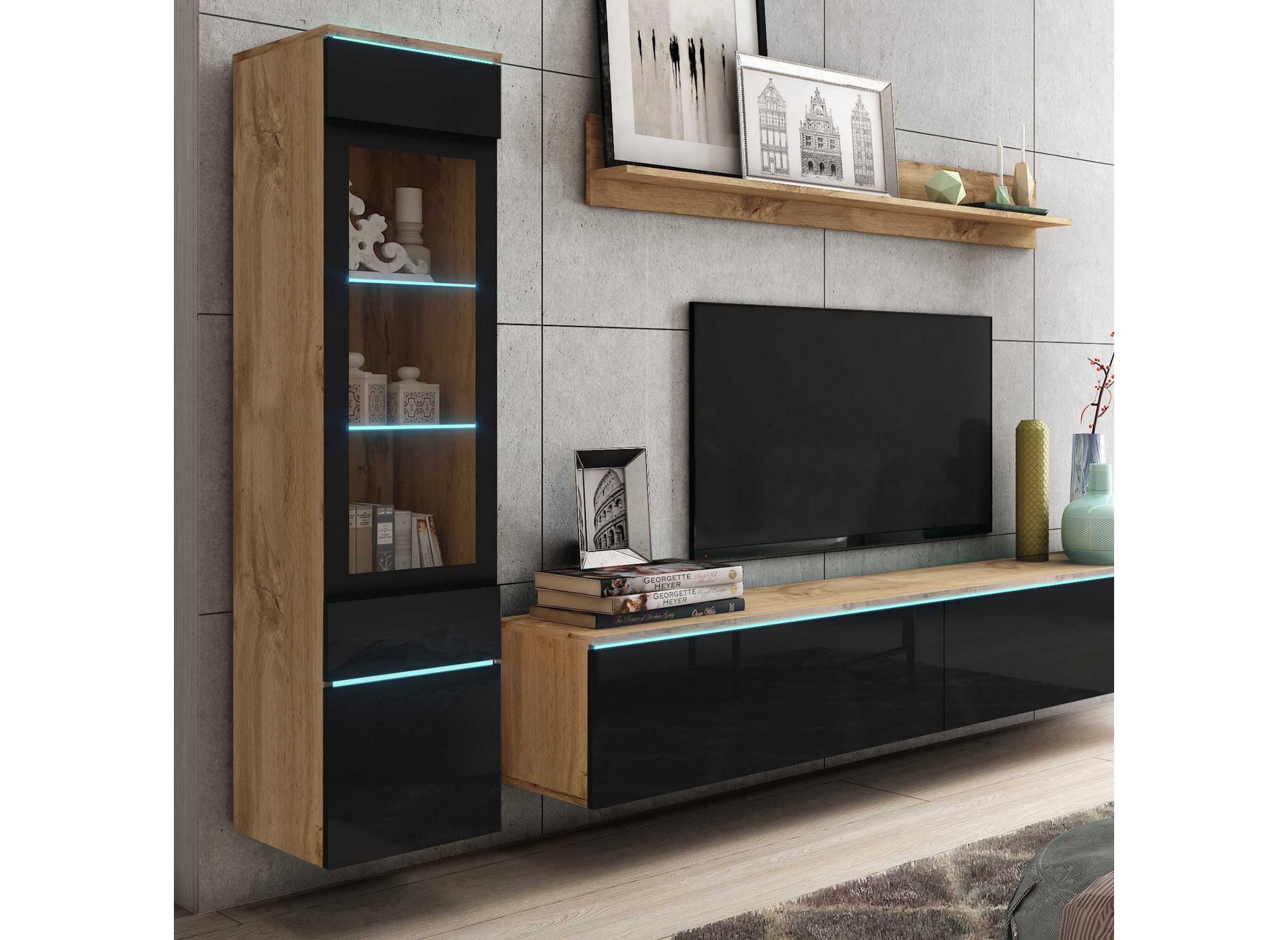Meuble TV contemporain chêne et noir laqué avec LED - VERONICA
