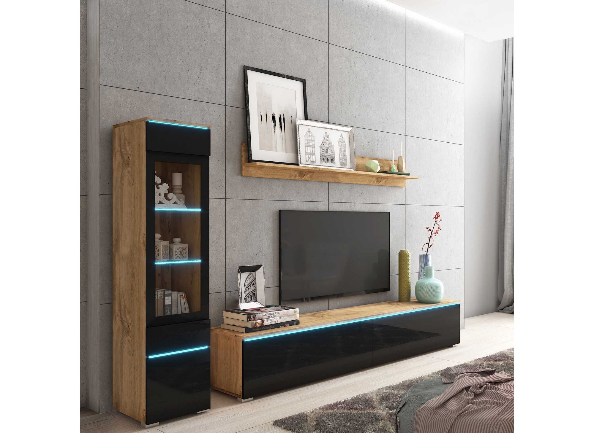 Meuble TV contemporain chêne et noir laqué avec LED - VERONICA