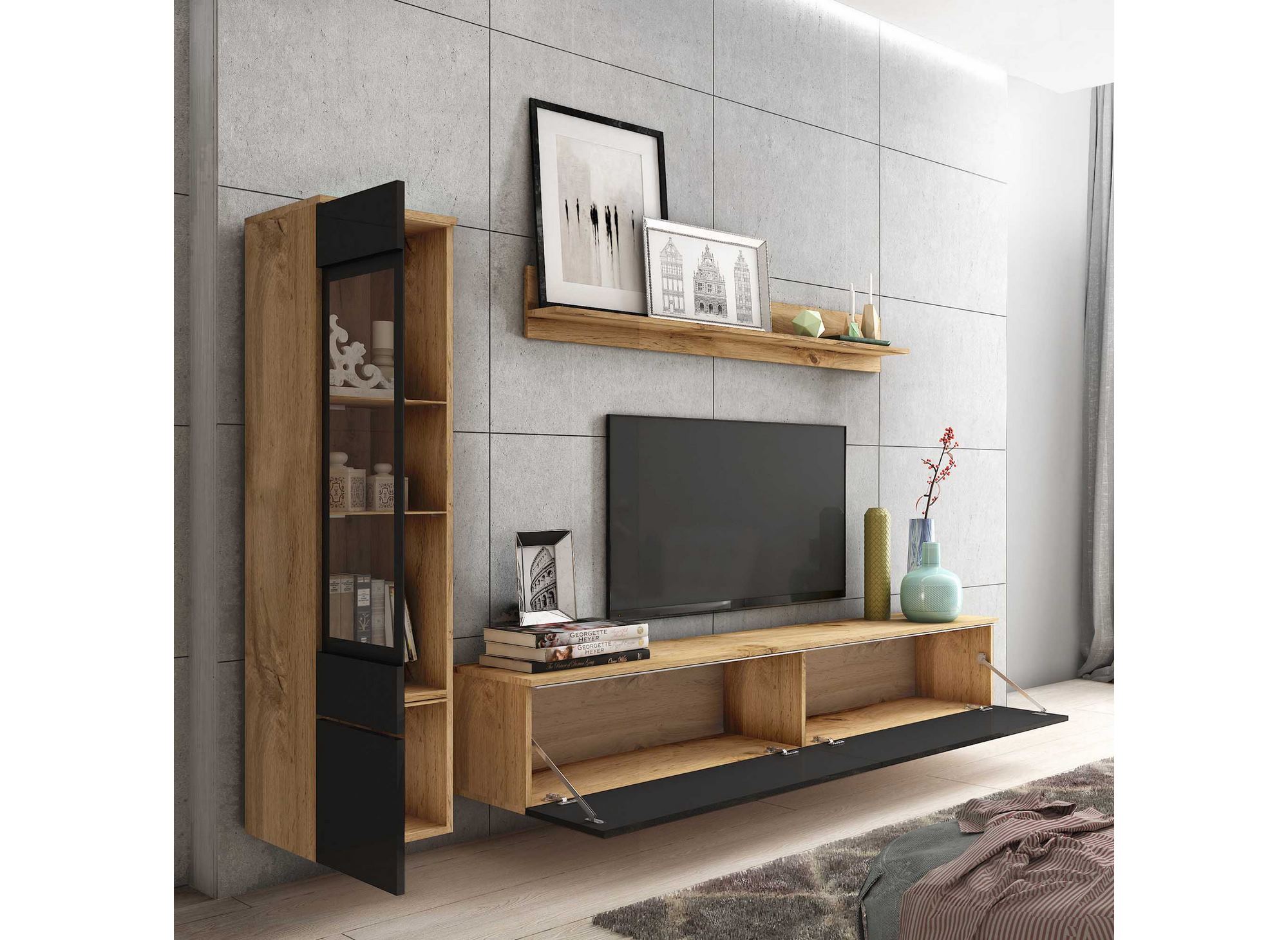 Meuble TV contemporain chêne et noir laqué avec LED - VERONICA