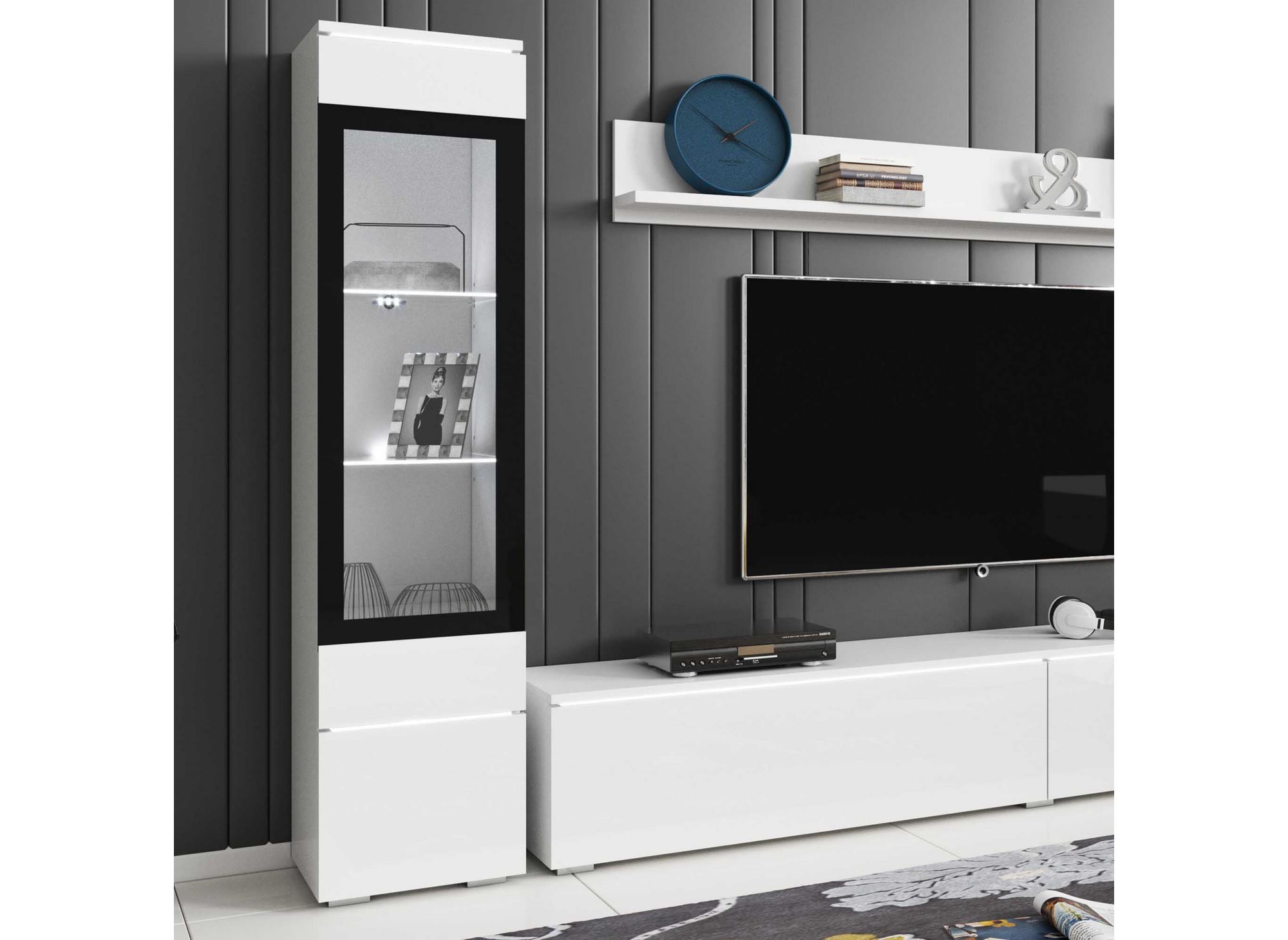 Meuble TV contemporain blanc laqué avec LED - VERONICA XL