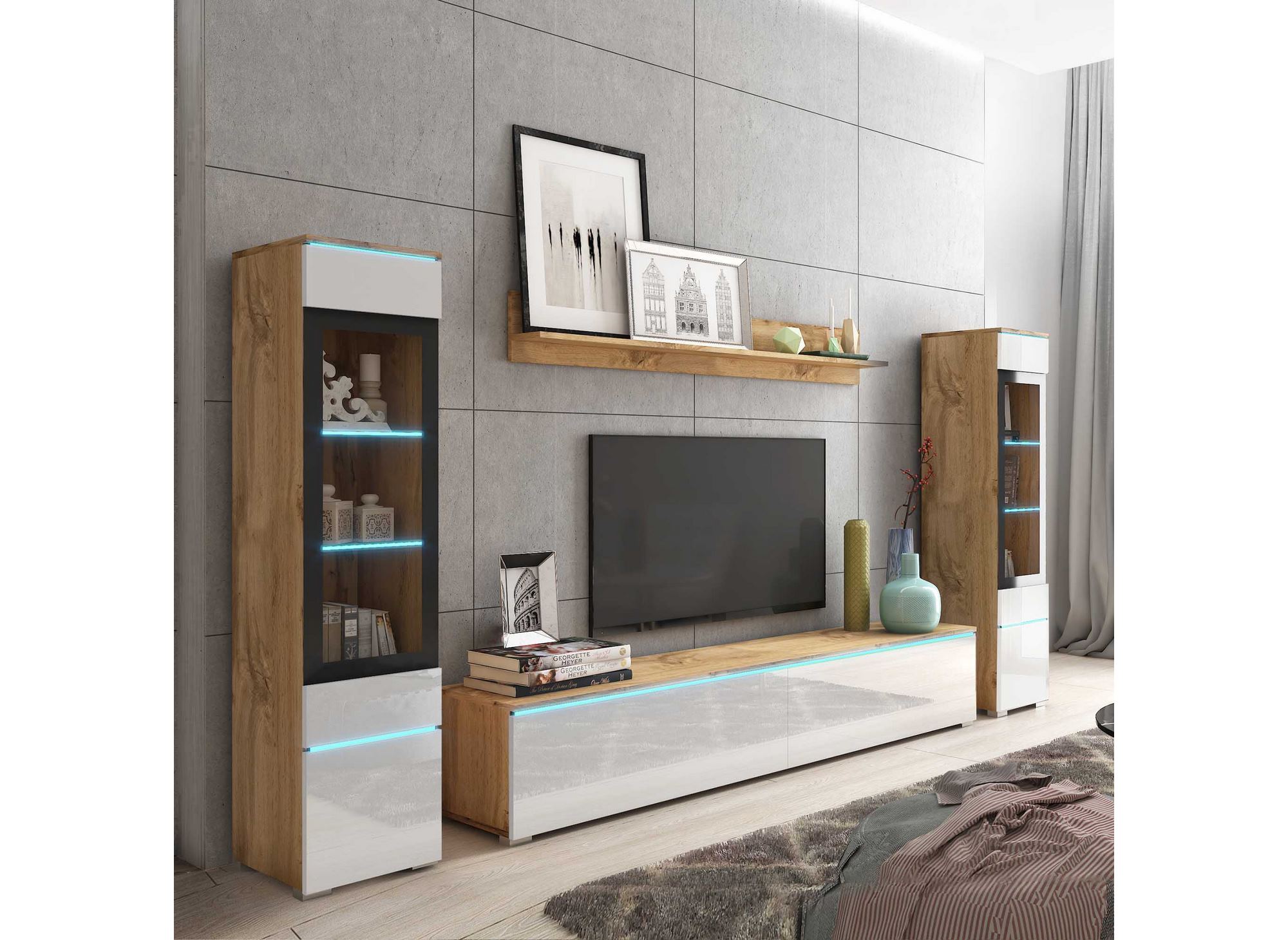 Meuble TV contemporain chêne et blanc laqué avec LED - VERONICA XL