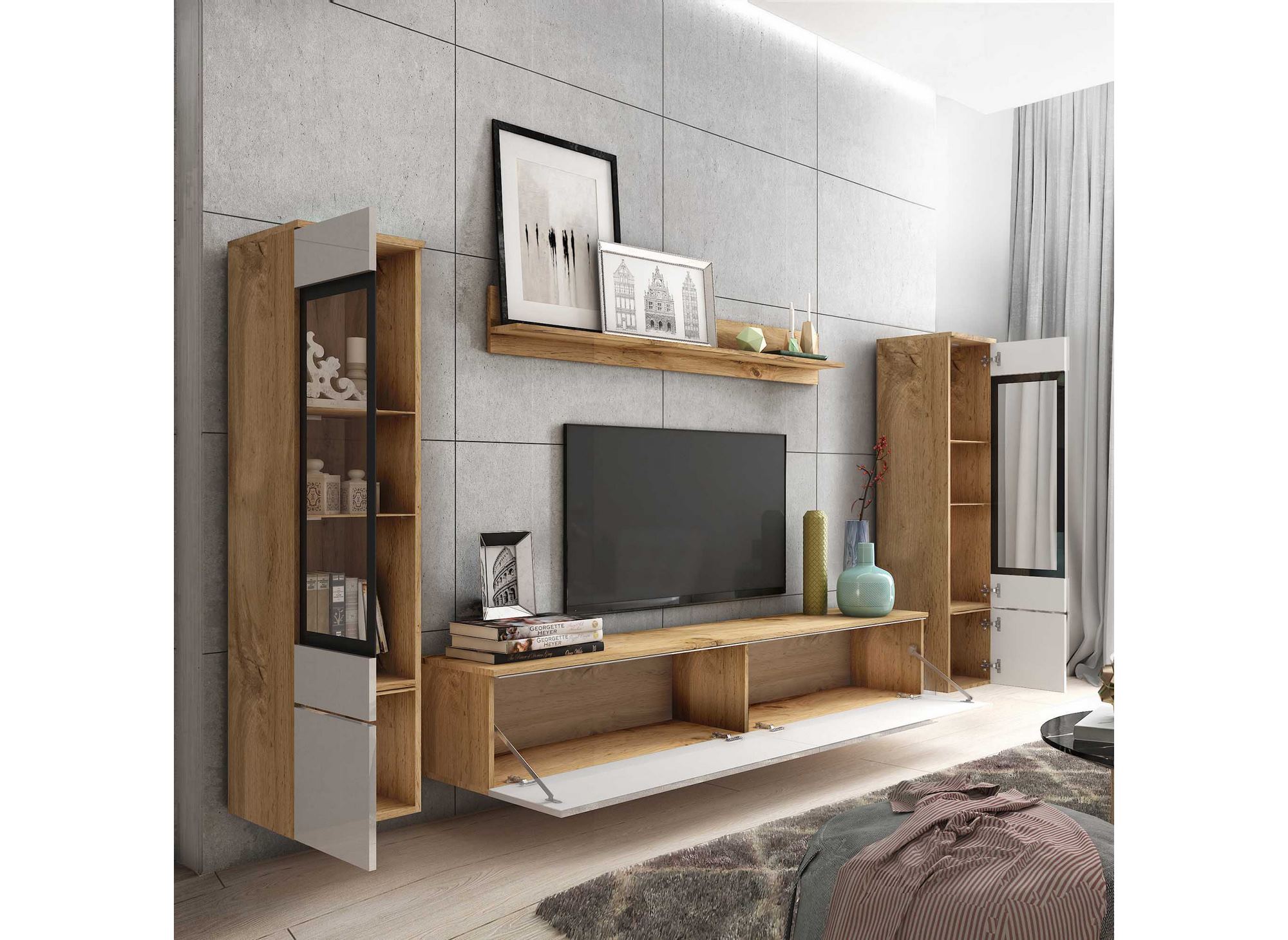Meuble TV contemporain chêne et blanc laqué avec LED - VERONICA XL