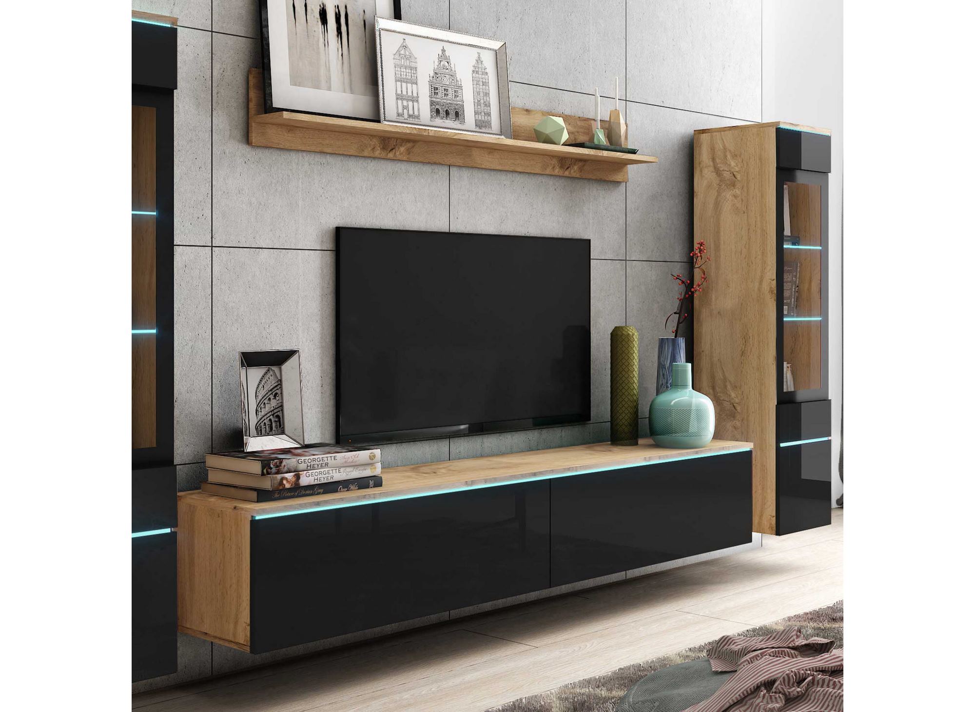 Meuble TV contemporain chêne et noir laqué avec LED - VERONICA XL