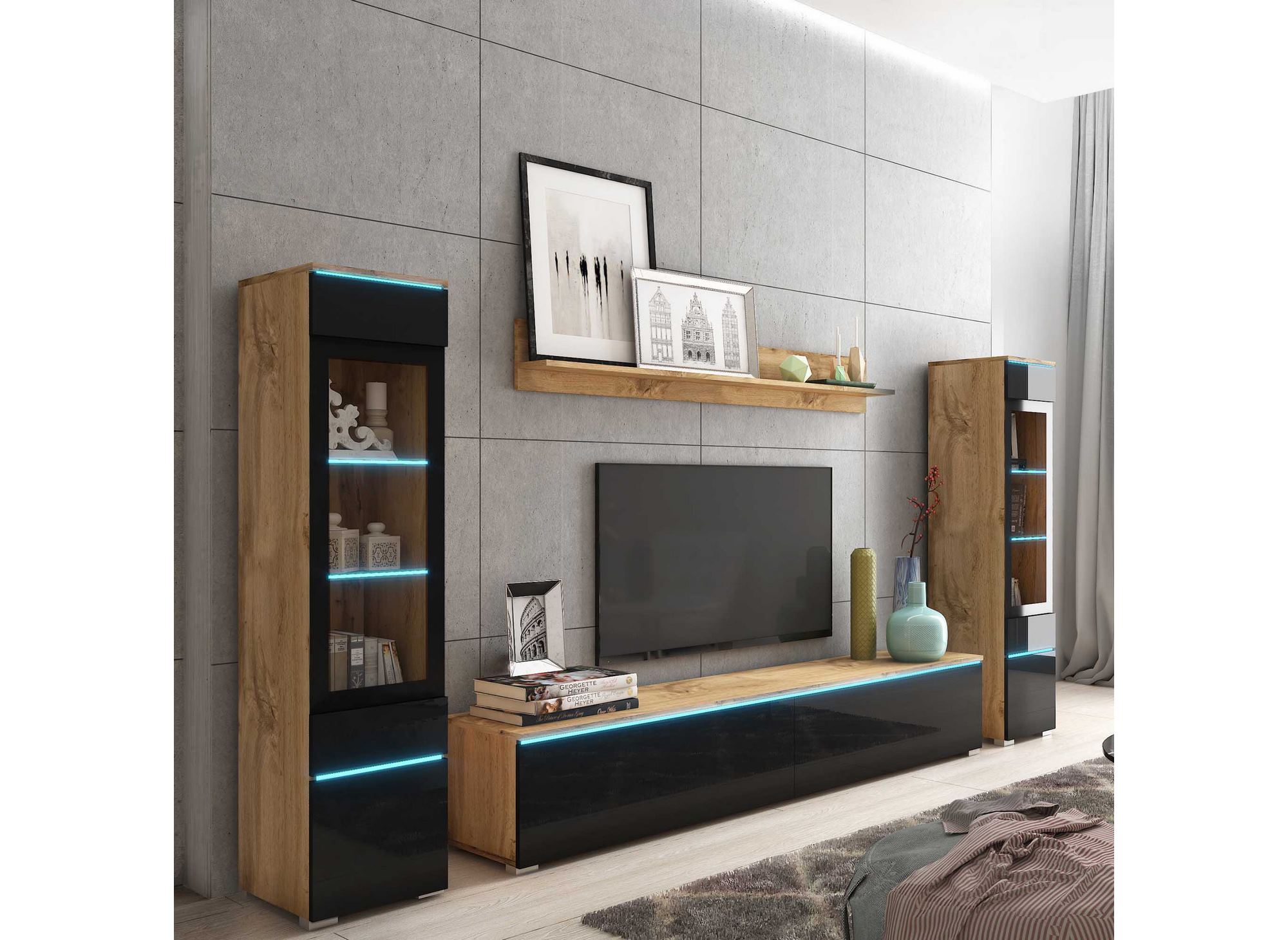 Meuble TV contemporain chêne et noir laqué avec LED - VERONICA XL