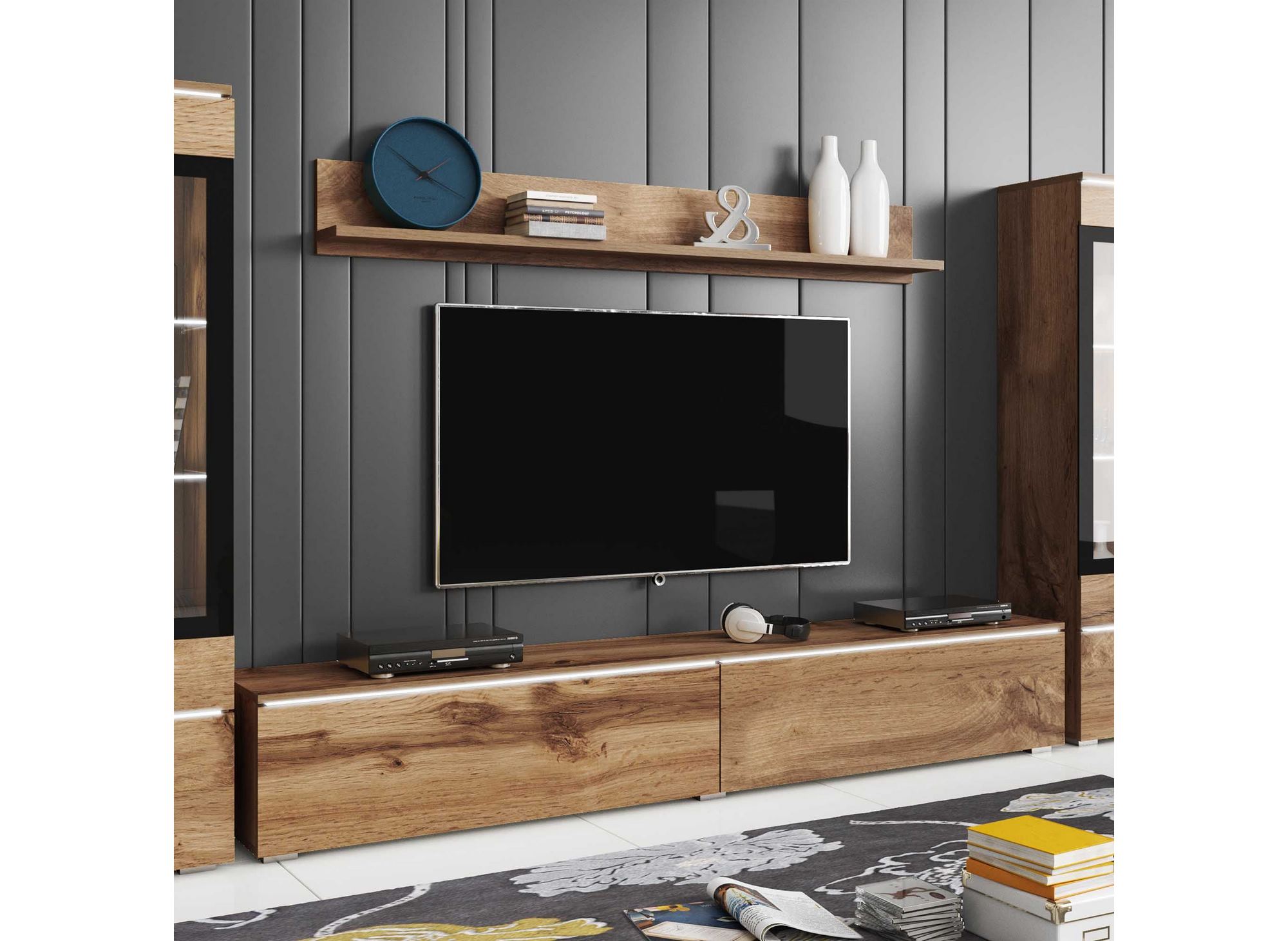 Meuble TV contemporain chêne et blanc laqué avec LED - VERONICA XL