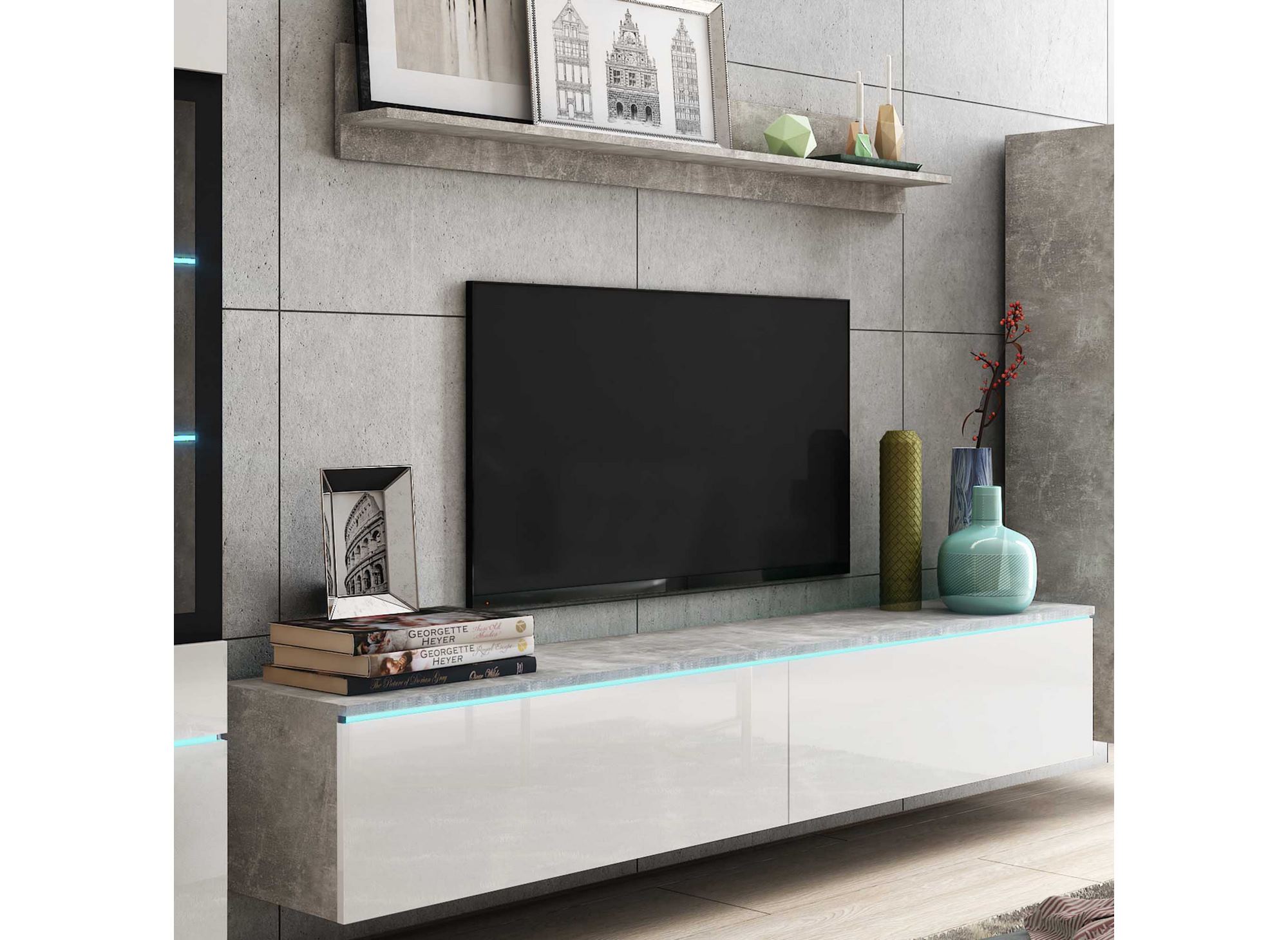Meuble TV contemporain gris béton et blanc laqué avec LED - VERONICA