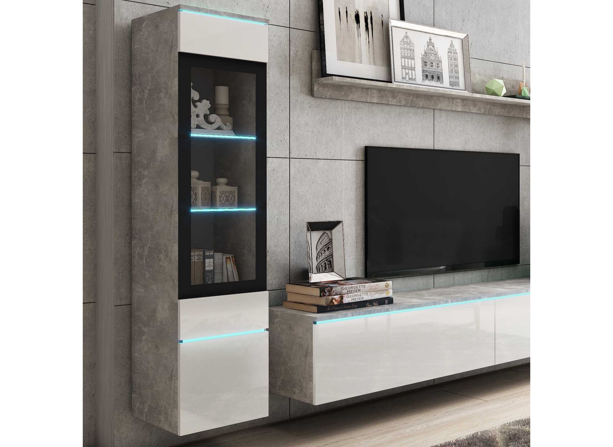 Meuble TV contemporain gris béton et blanc laqué avec LED - VERONICA