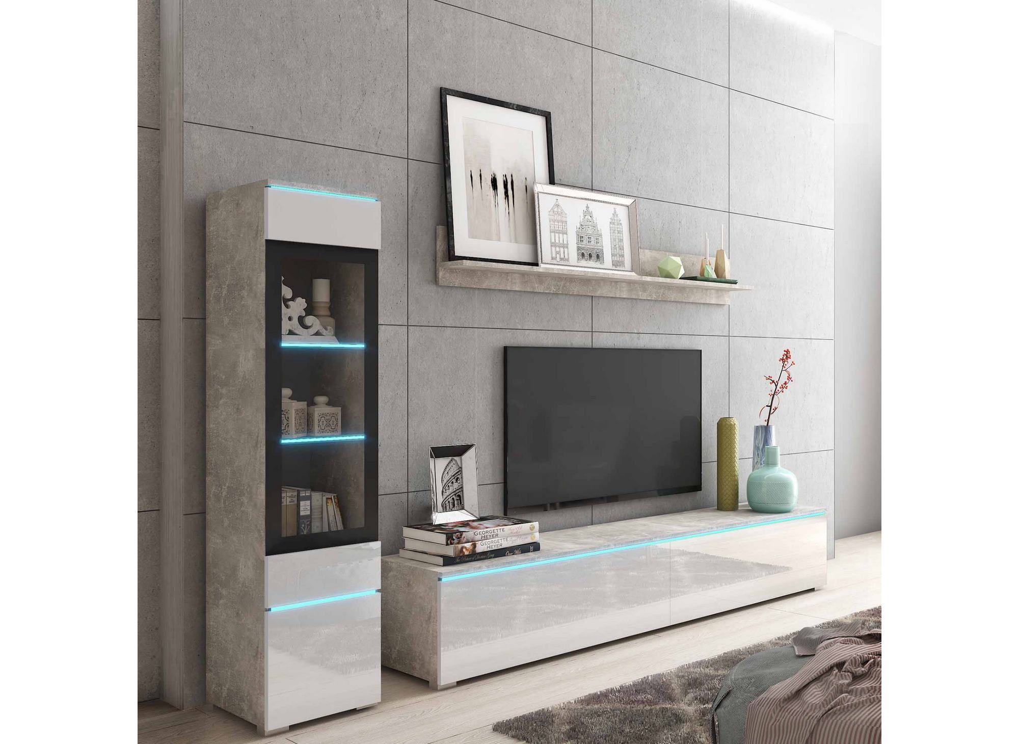 Meuble TV contemporain gris béton et blanc laqué avec LED - VERONICA
