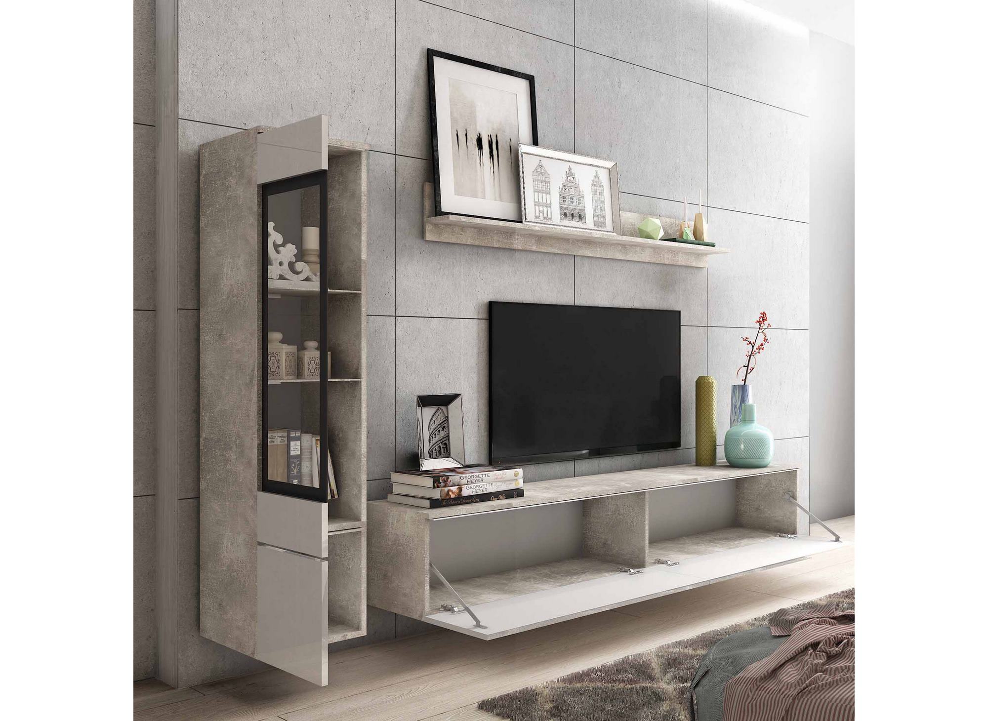 Meuble TV contemporain gris béton et blanc laqué avec LED - VERONICA