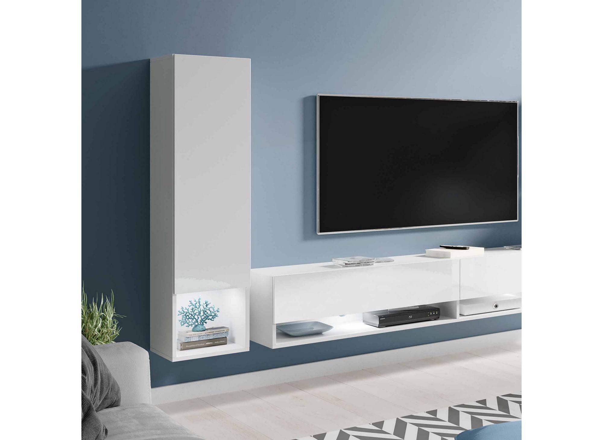 Meuble TV contemporain blanc laqué avec LED - AMANDA