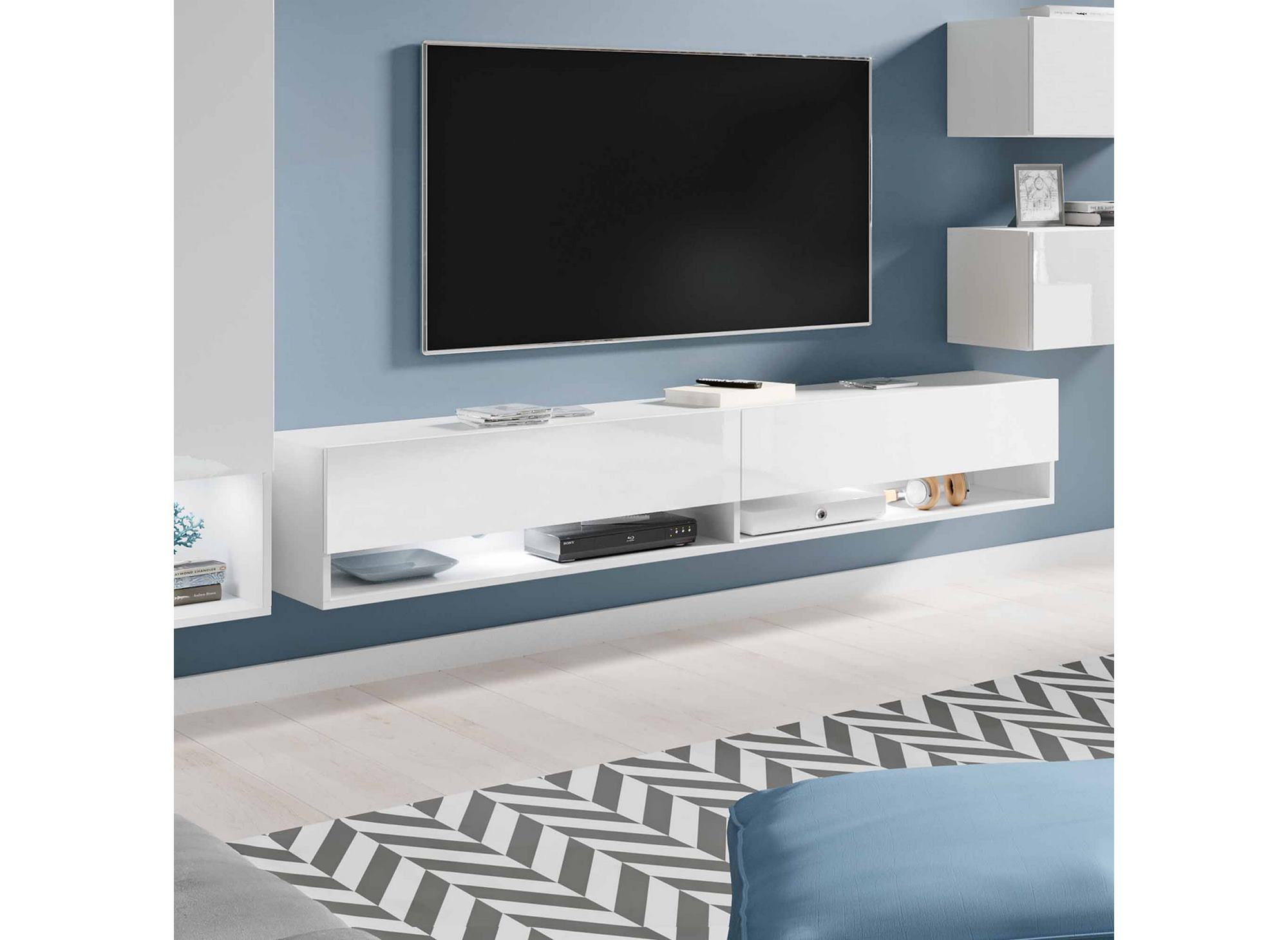 Meuble TV contemporain blanc laqué avec LED - AMANDA