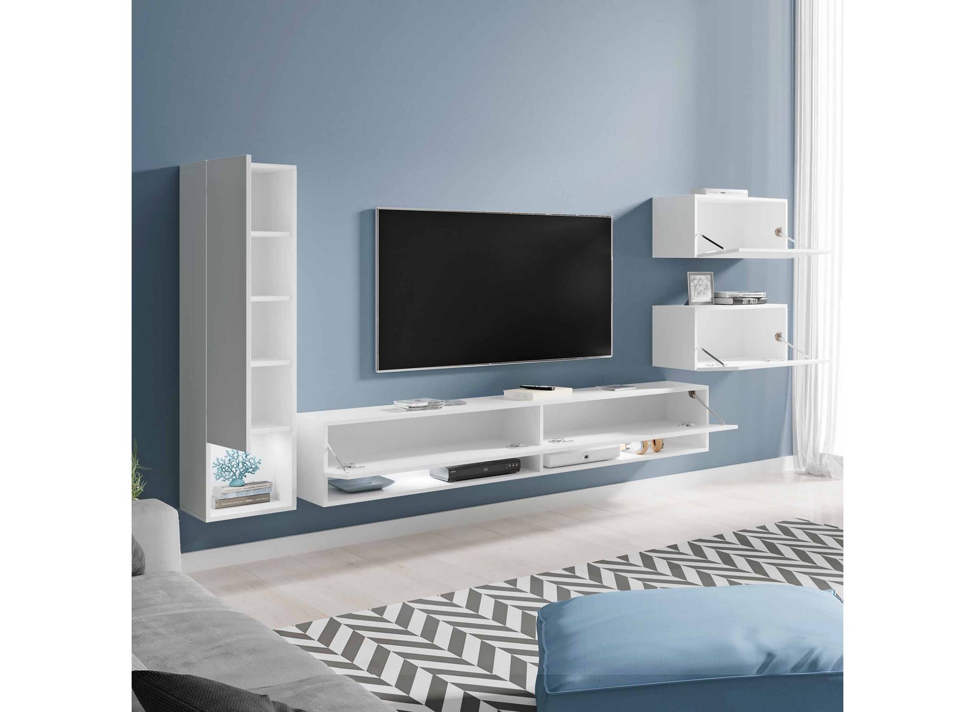 Meuble TV contemporain blanc laqué avec LED - AMANDA