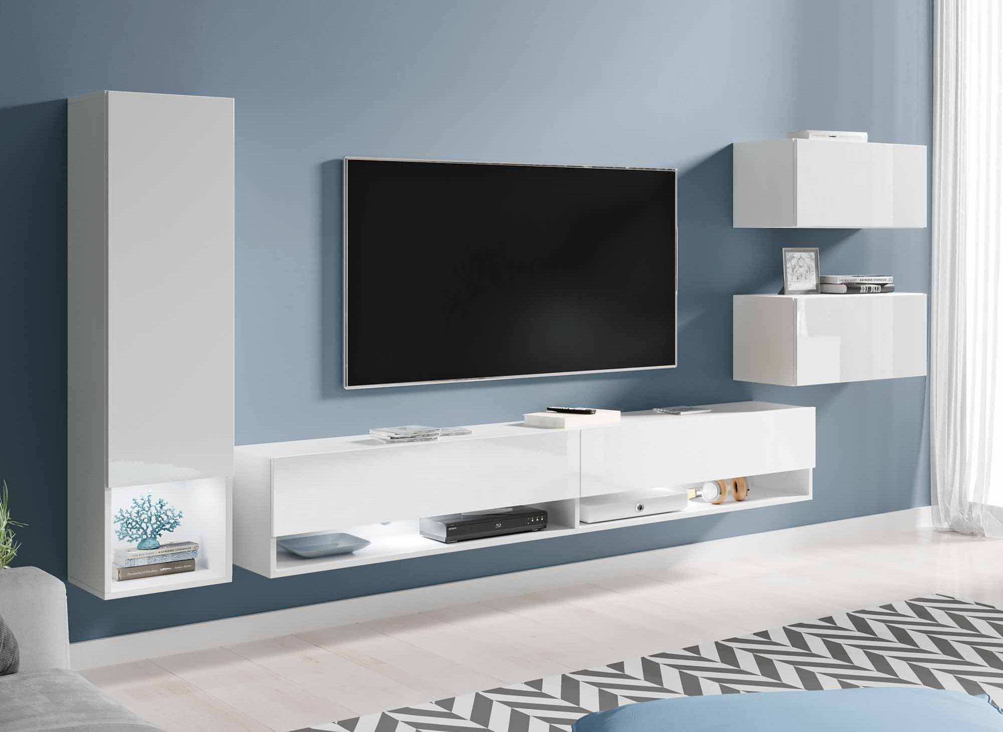 Meuble TV mural blanc et bois avec éclairage led blanc de salon moderne
