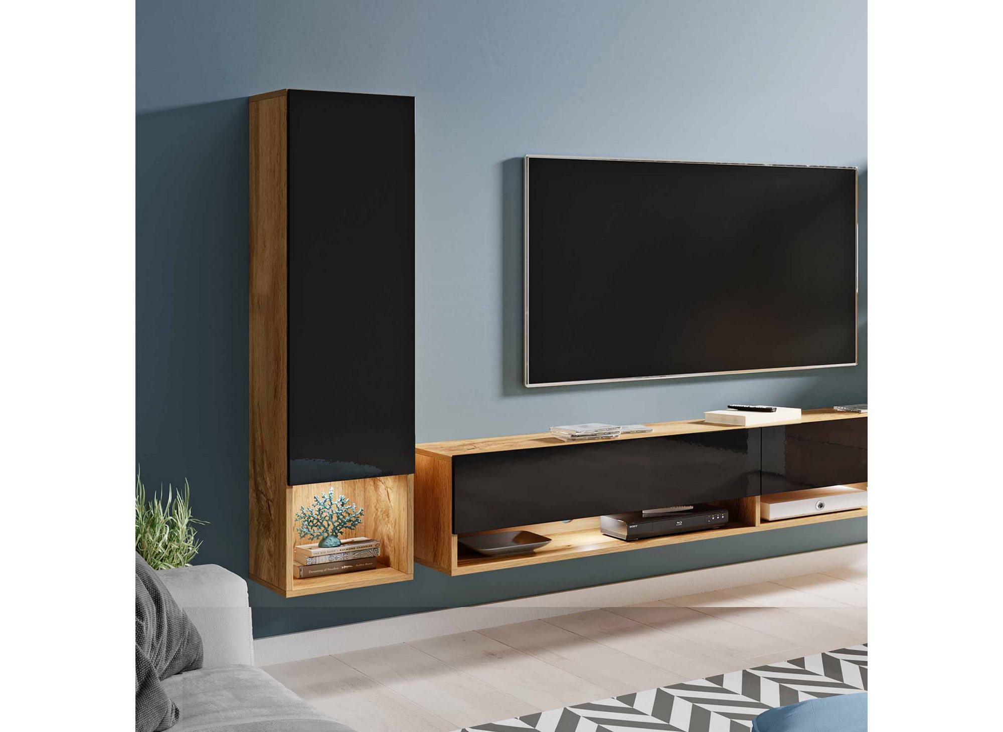 Meuble TV contemporain chêne noir laqué avec LED - AMANDA
