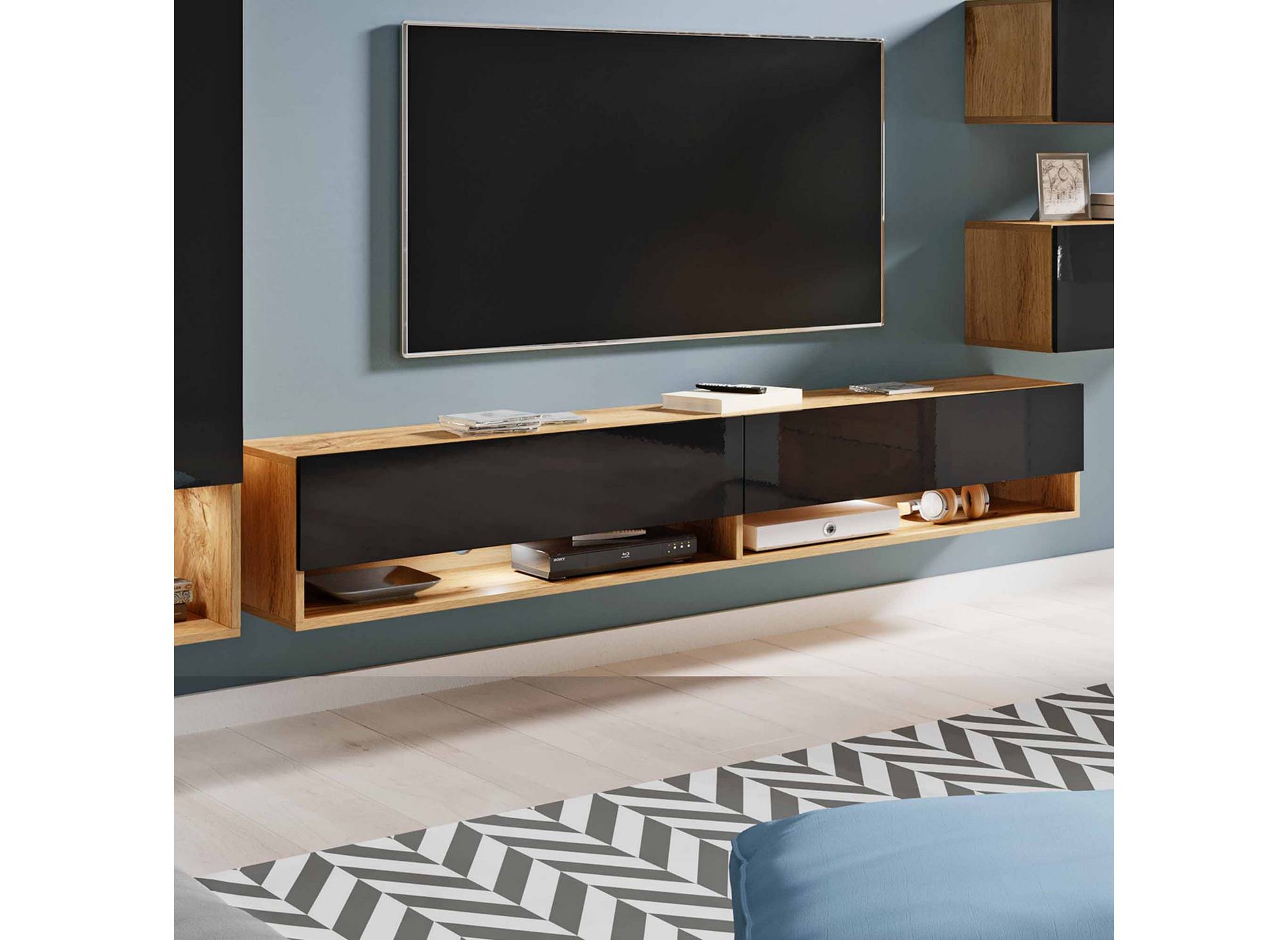 Meuble TV contemporain chêne noir laqué avec LED - AMANDA