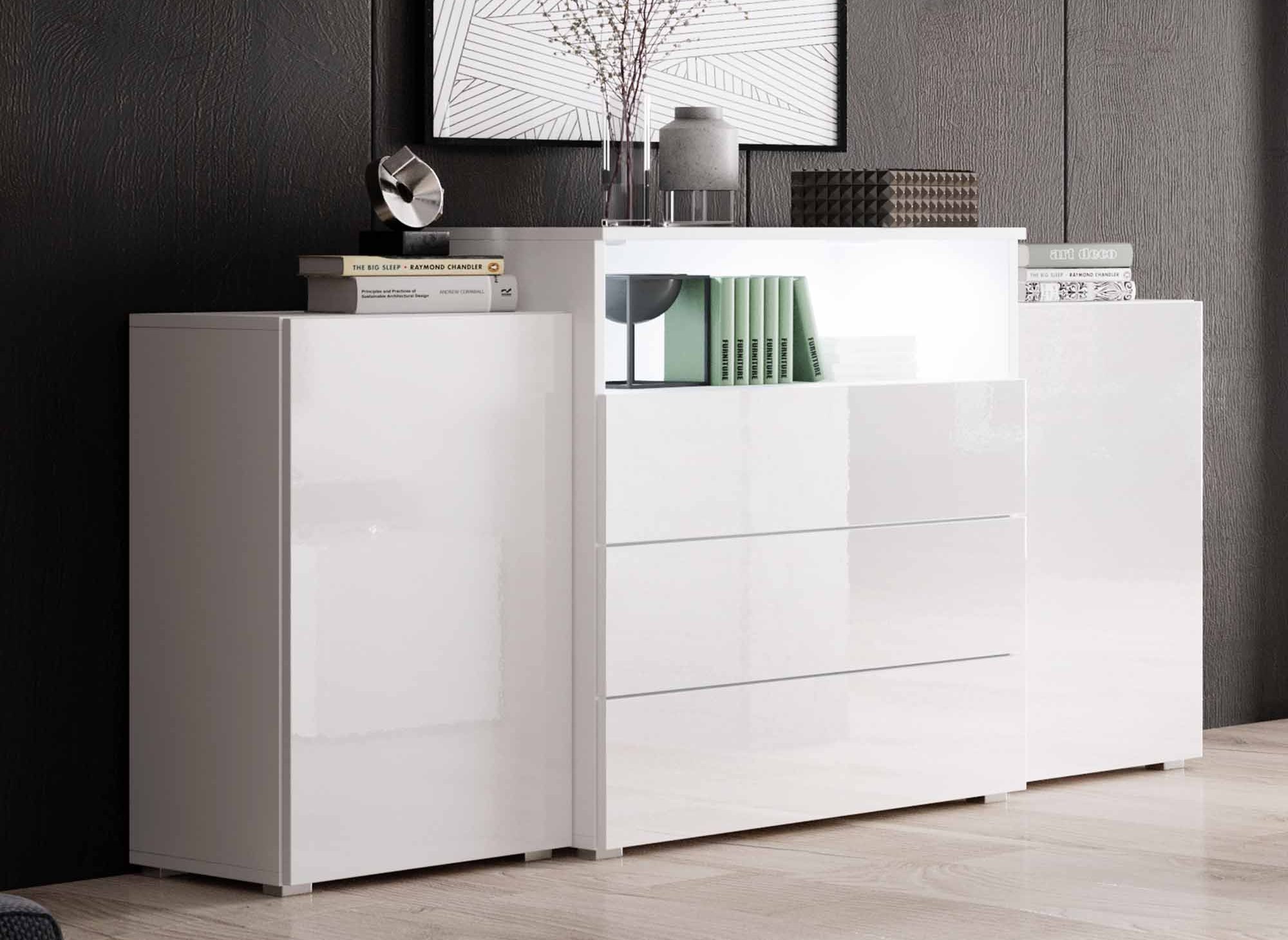 Buffet commodes 2 portes 3 tiroirs blanc laqué avec LED - MARCEL