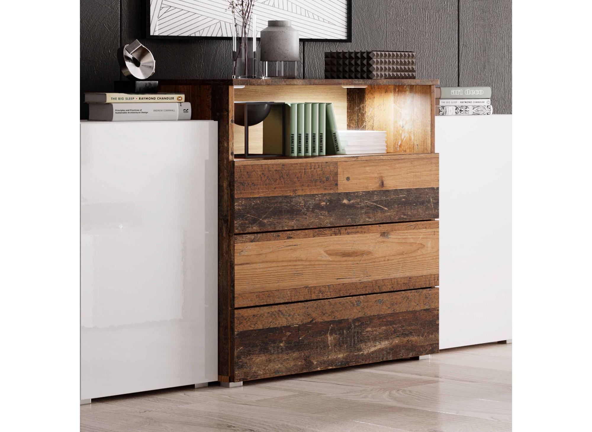 Buffet commodes 2 portes 3 tiroirs blanc et chêne vieilli avec LED - MARCEL