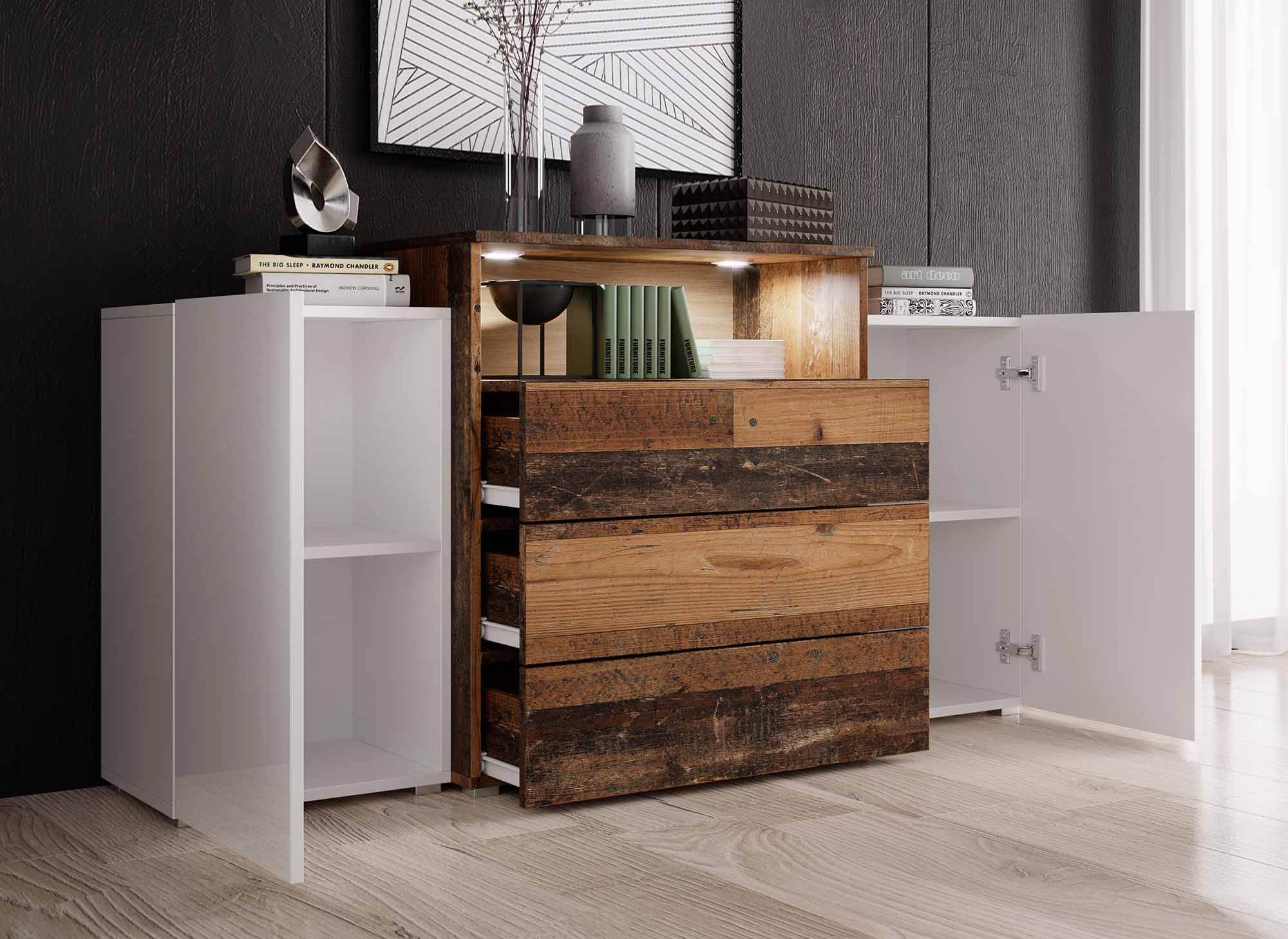 Buffet commodes 2 portes 3 tiroirs blanc et chêne vieilli avec LED - MARCEL